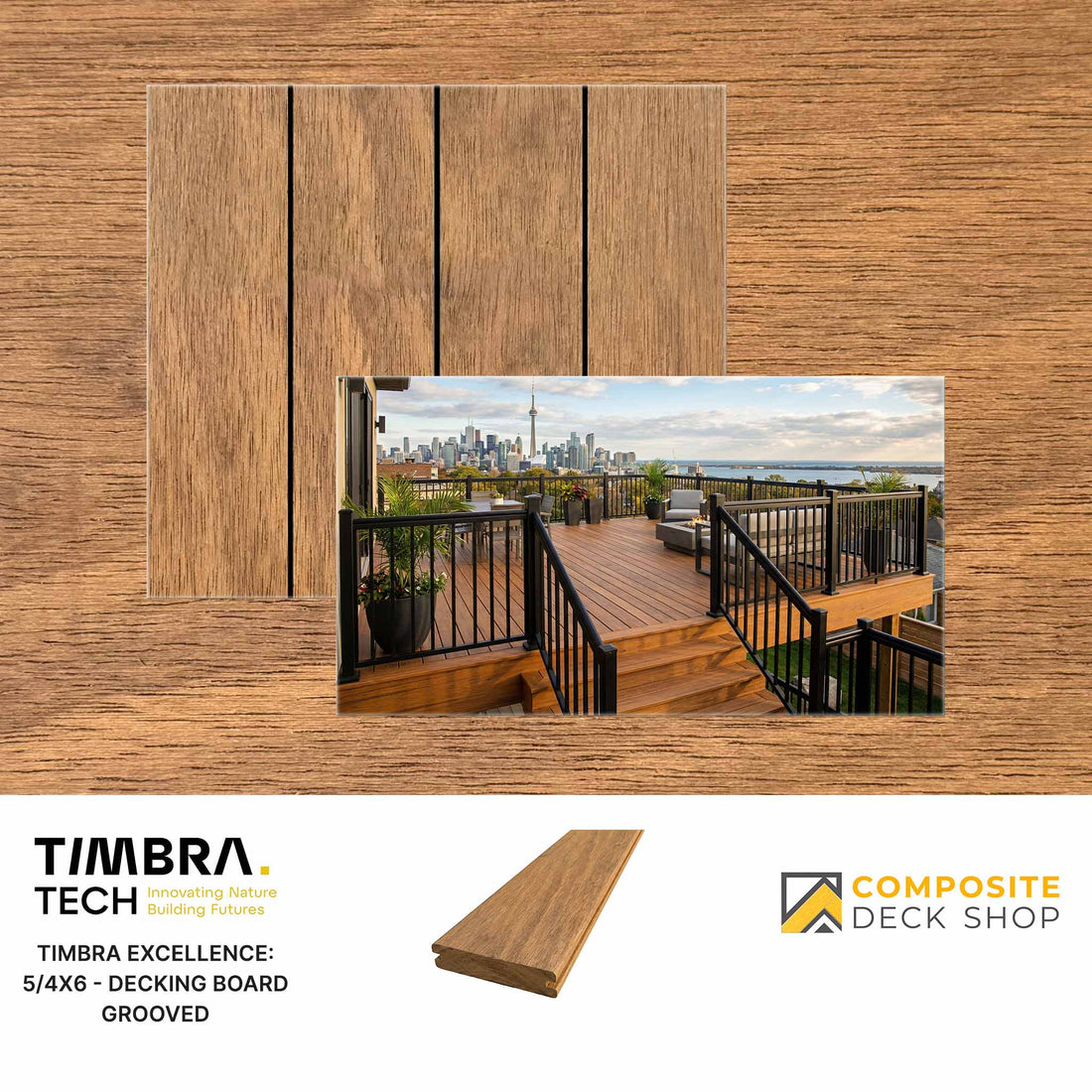 Wood-look composite decking sample showcases durable outdoor performance and branding from Composite Deck Shop.