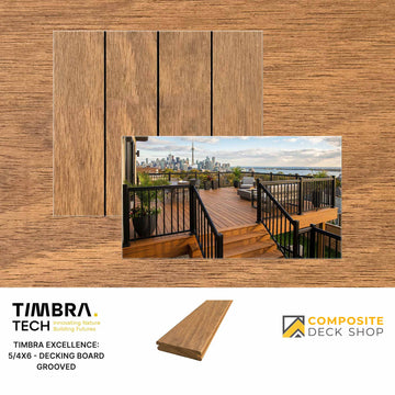 Wood-look composite decking sample showcases durable outdoor performance and branding from Composite Deck Shop.