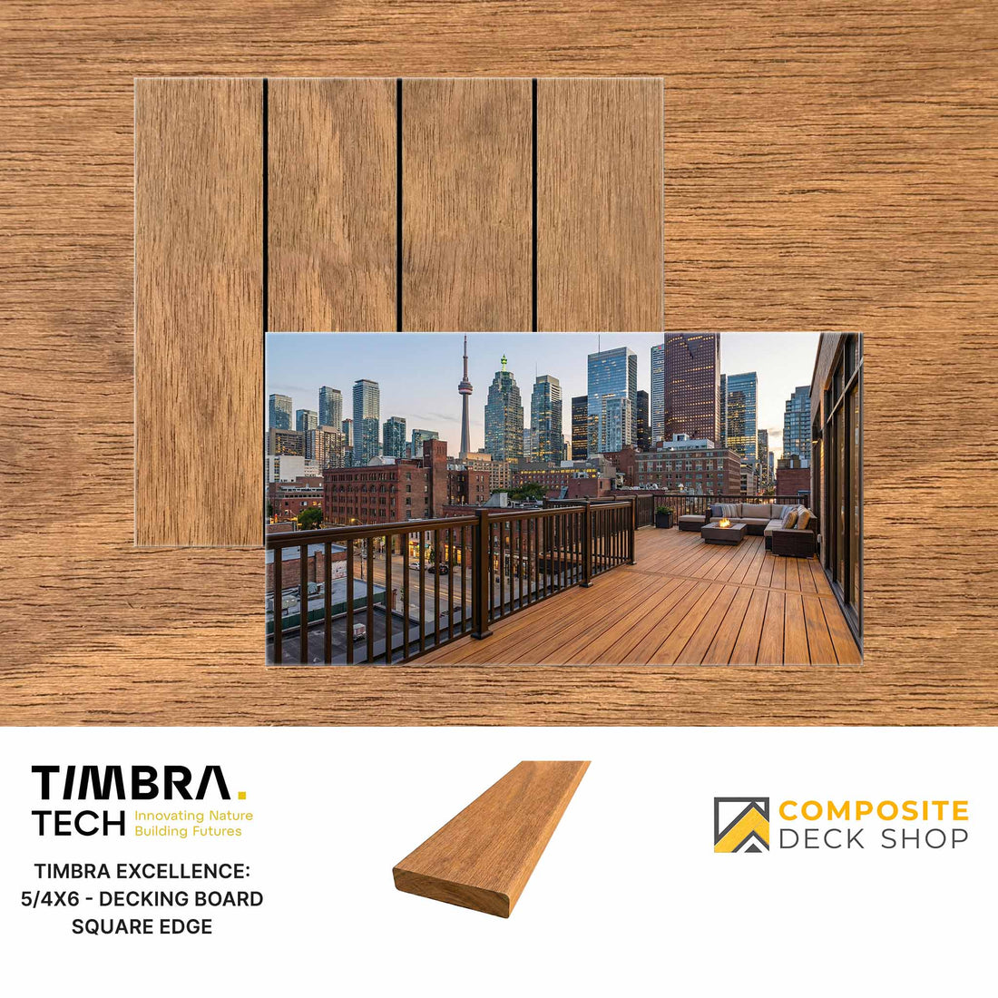Wood-look composite decking sample showcases durable outdoor performance and branding from Composite Deck Shop.