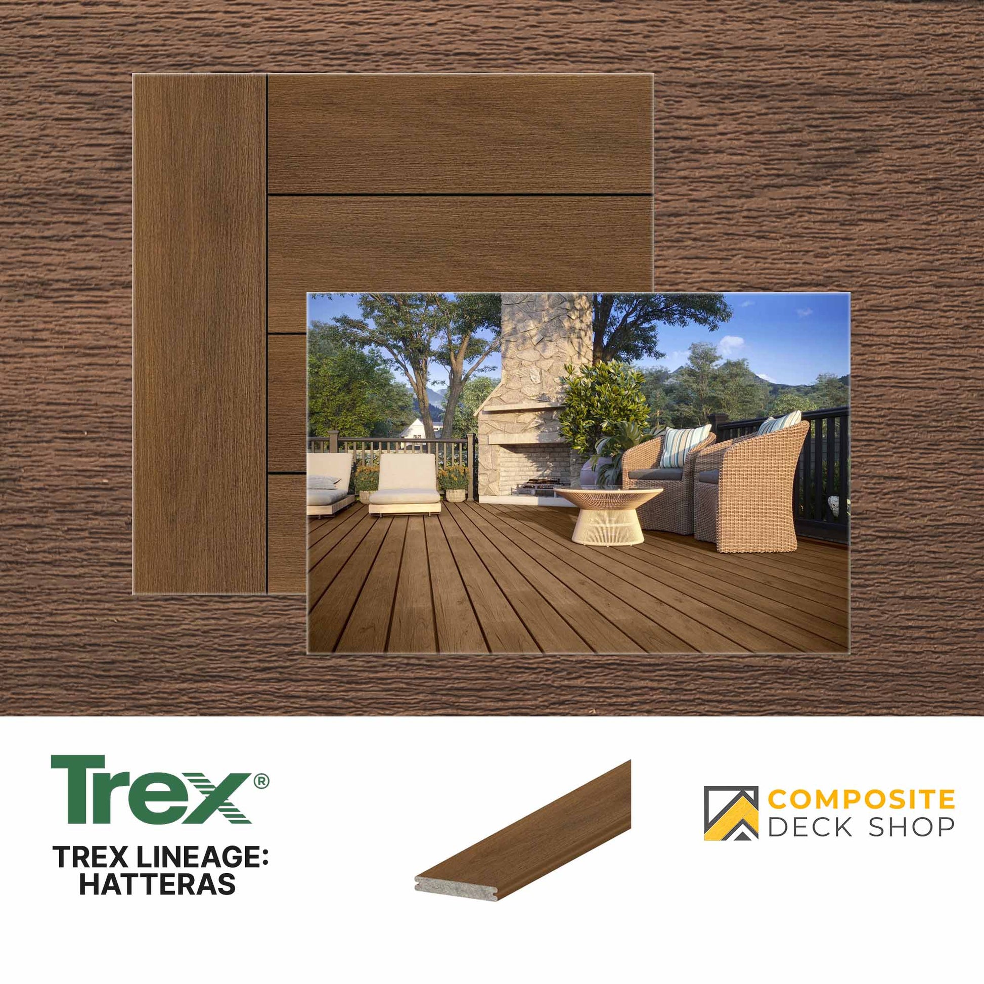 Sample image of Trex Lineage decking, made with eco-friendly materials, shown on a patio with furniture and a fireplace.