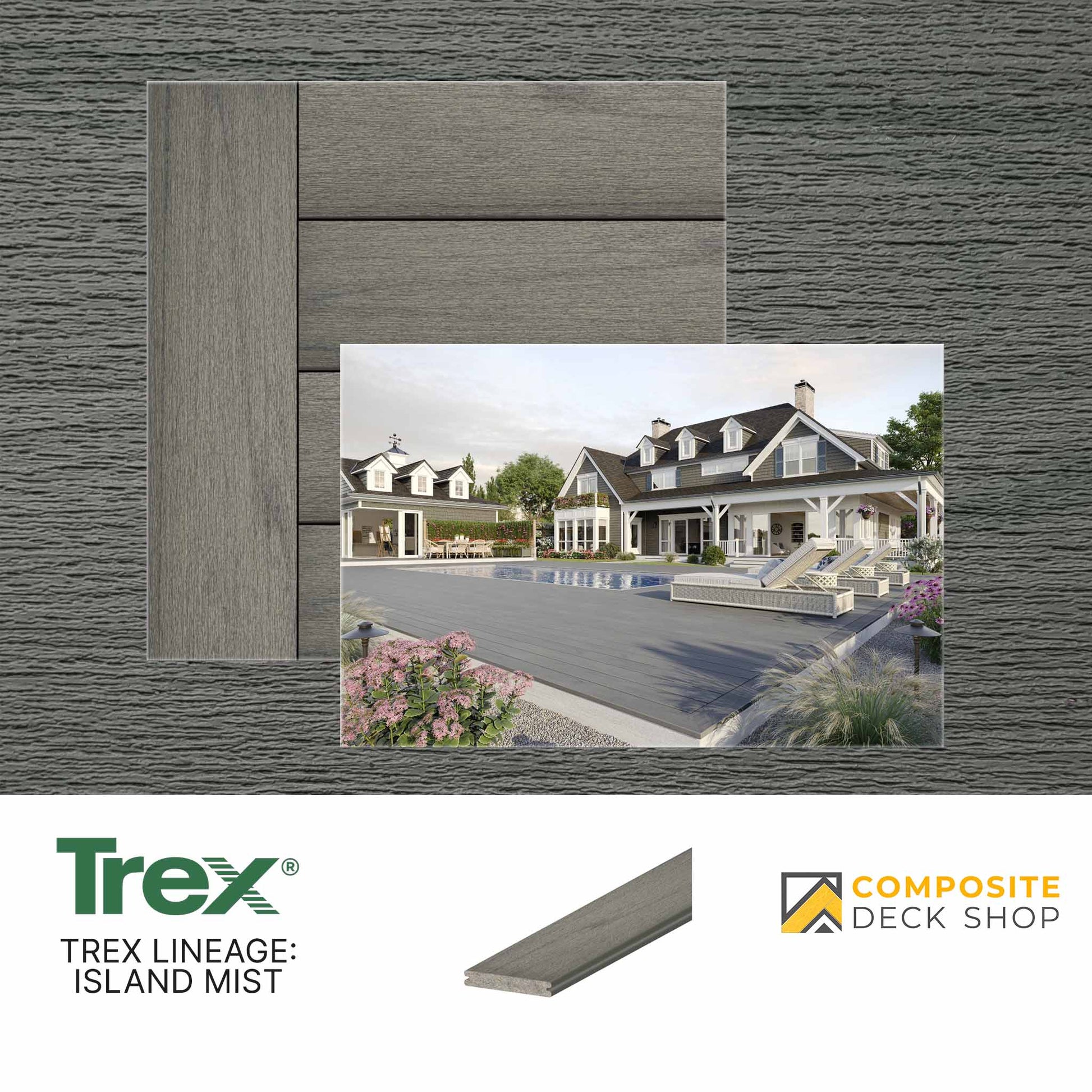 Sample of Trex Lineage Island Mist decking featuring eco-friendly materials and Composite Deck Shop branding in a modern backyard.