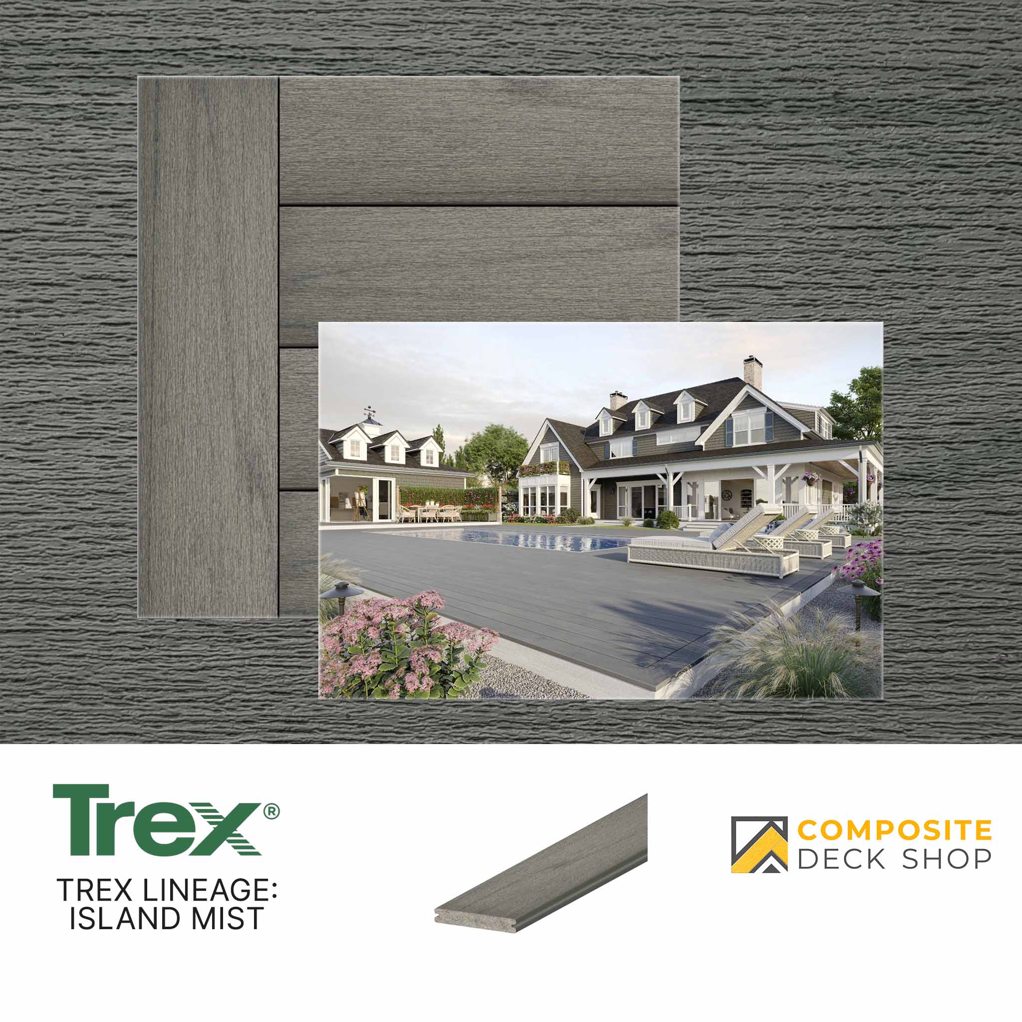 Sample of Trex Lineage Island Mist decking featuring eco-friendly materials and Composite Deck Shop branding in a modern backyard.