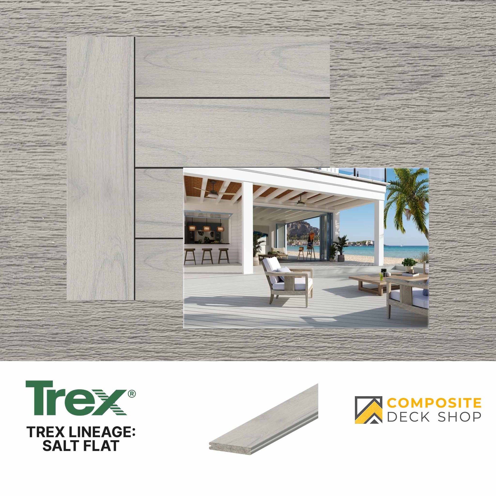 Trex composite decking with a beachside deck and outdoor furniture, featuring the Trex logo and 'Composite Deck Shop' branding.