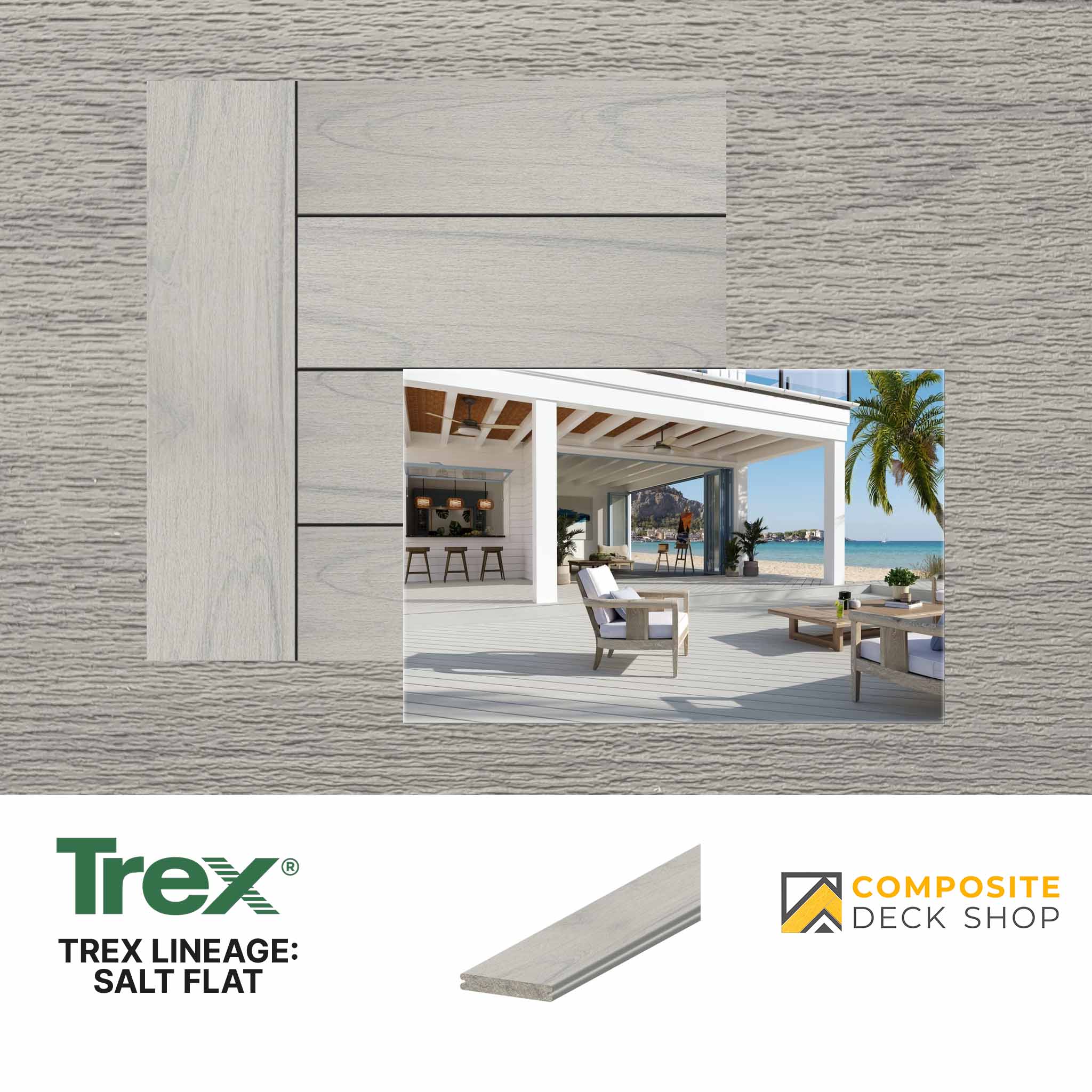 Trex composite decking with a beachside deck and outdoor furniture, featuring the Trex logo and 'Composite Deck Shop' branding.