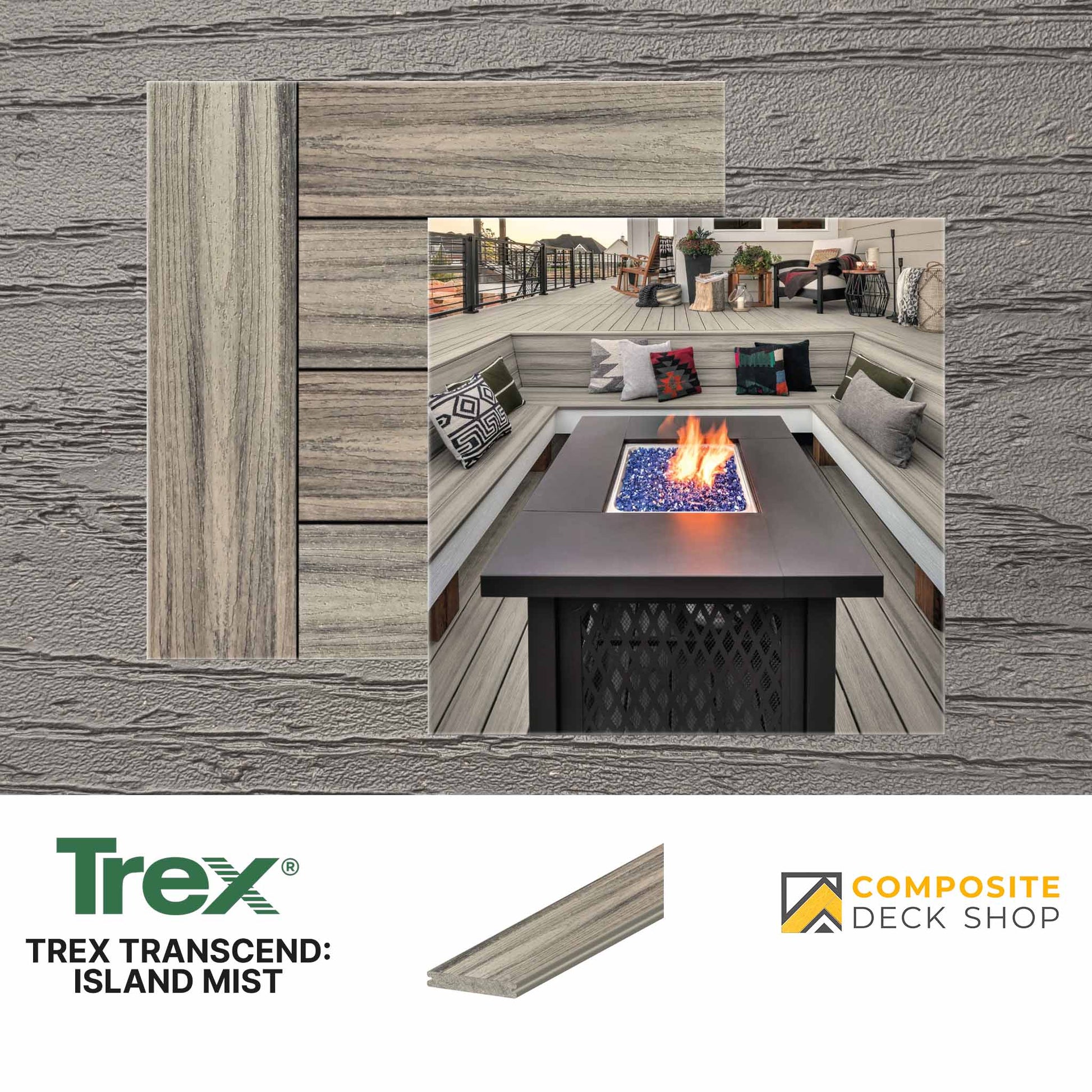 Outdoor seating area with fire pit table on a wooden deck, featuring Trex Transcend Island Mist decking.