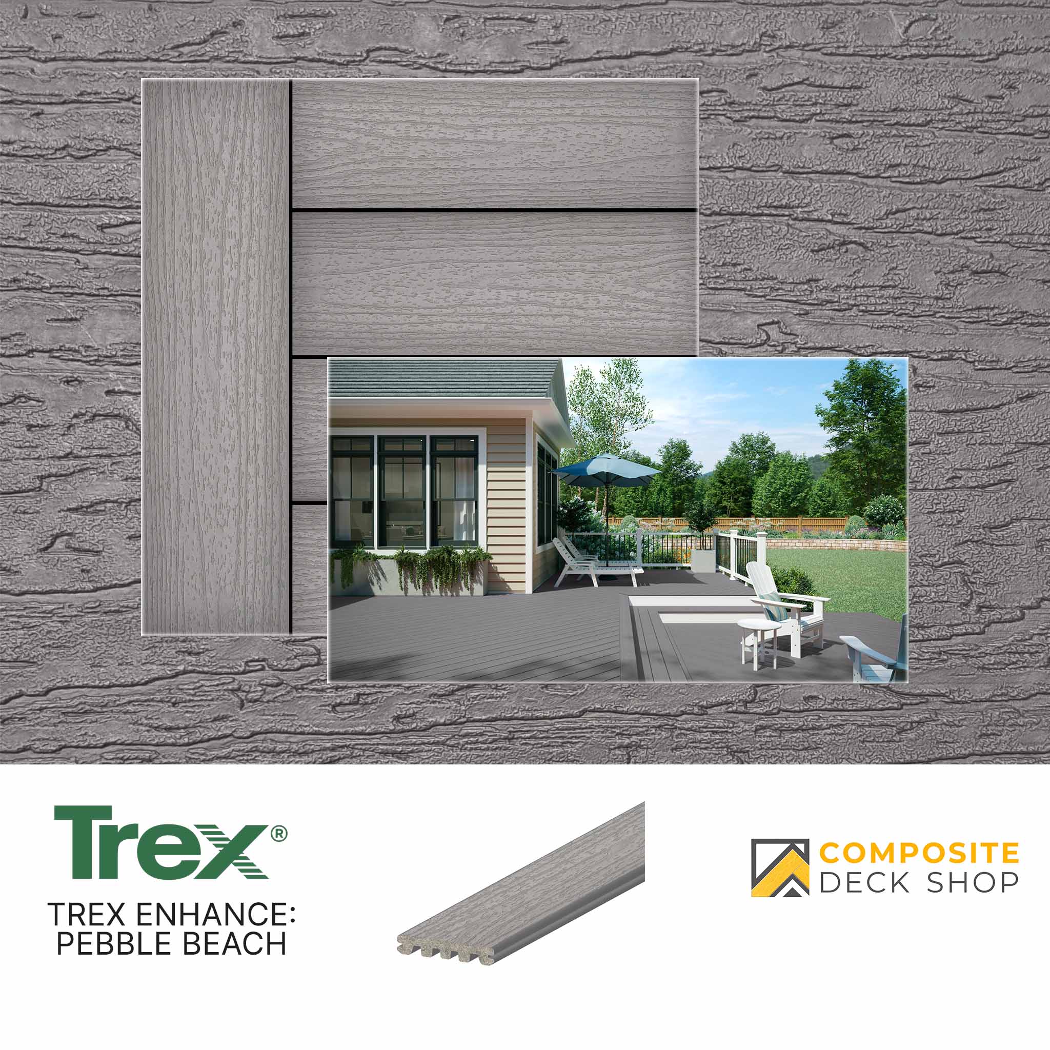 Gray composite decking boards create a modern outdoor deck with furniture, featuring affordable decking by Trex Enhance Pebble Beach.