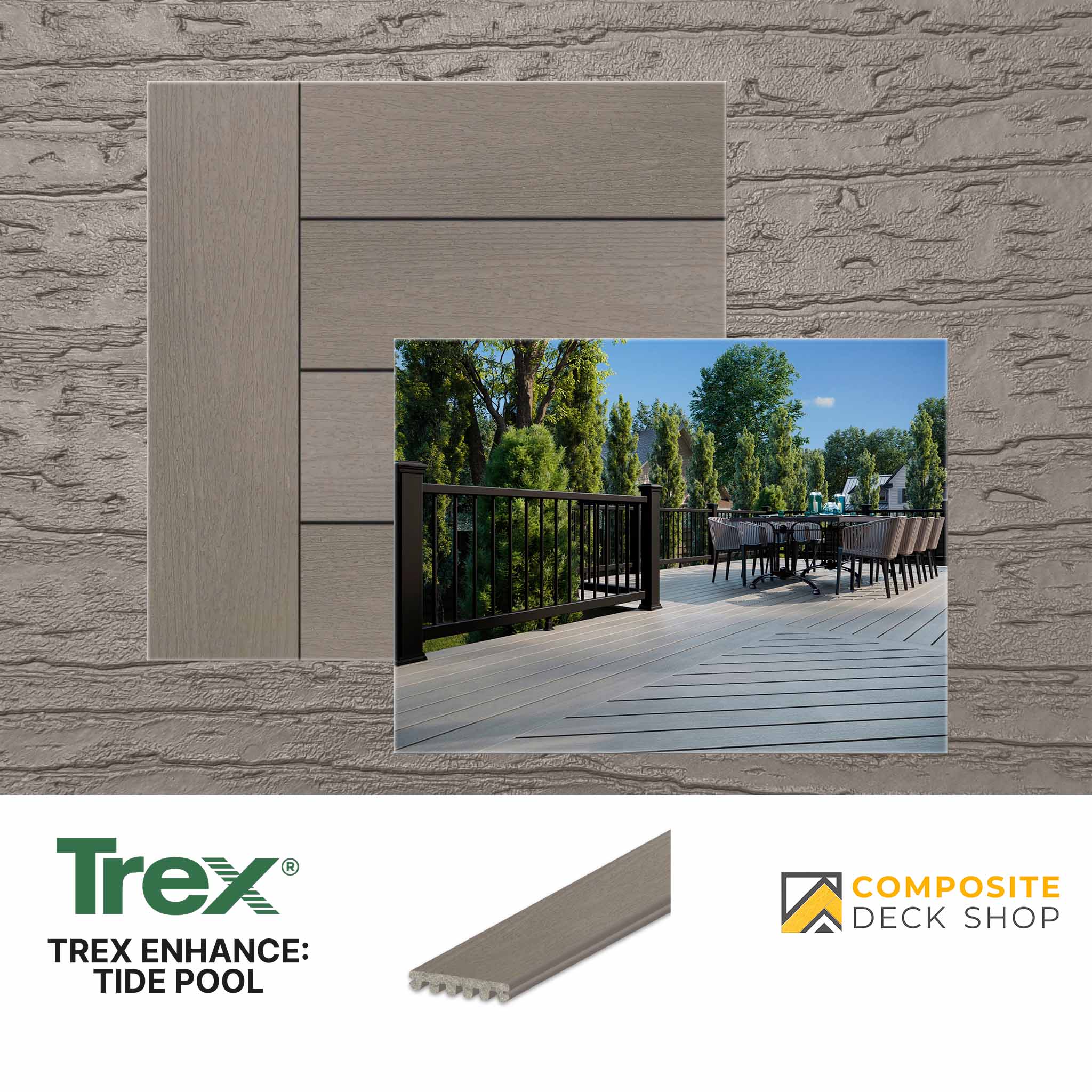 Sample of Trex Enhance Tide Pool eco-friendly decking with patio photo, chairs, and Composite Deck Shop logo.