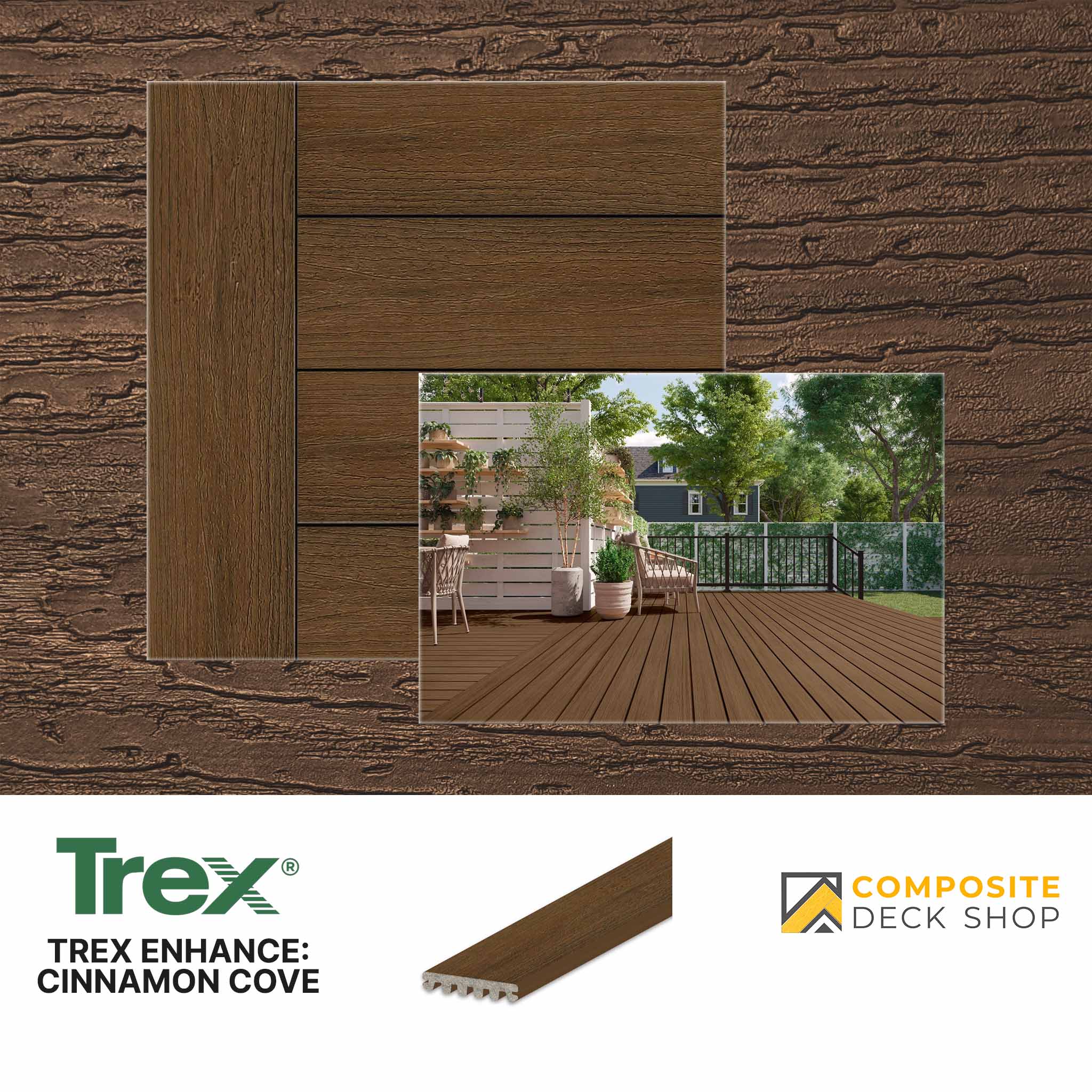 Sample of Trex Enhance Cinnamon Cove eco-friendly composite decking with wood-grain look; Composite Deck Shop branding shown.