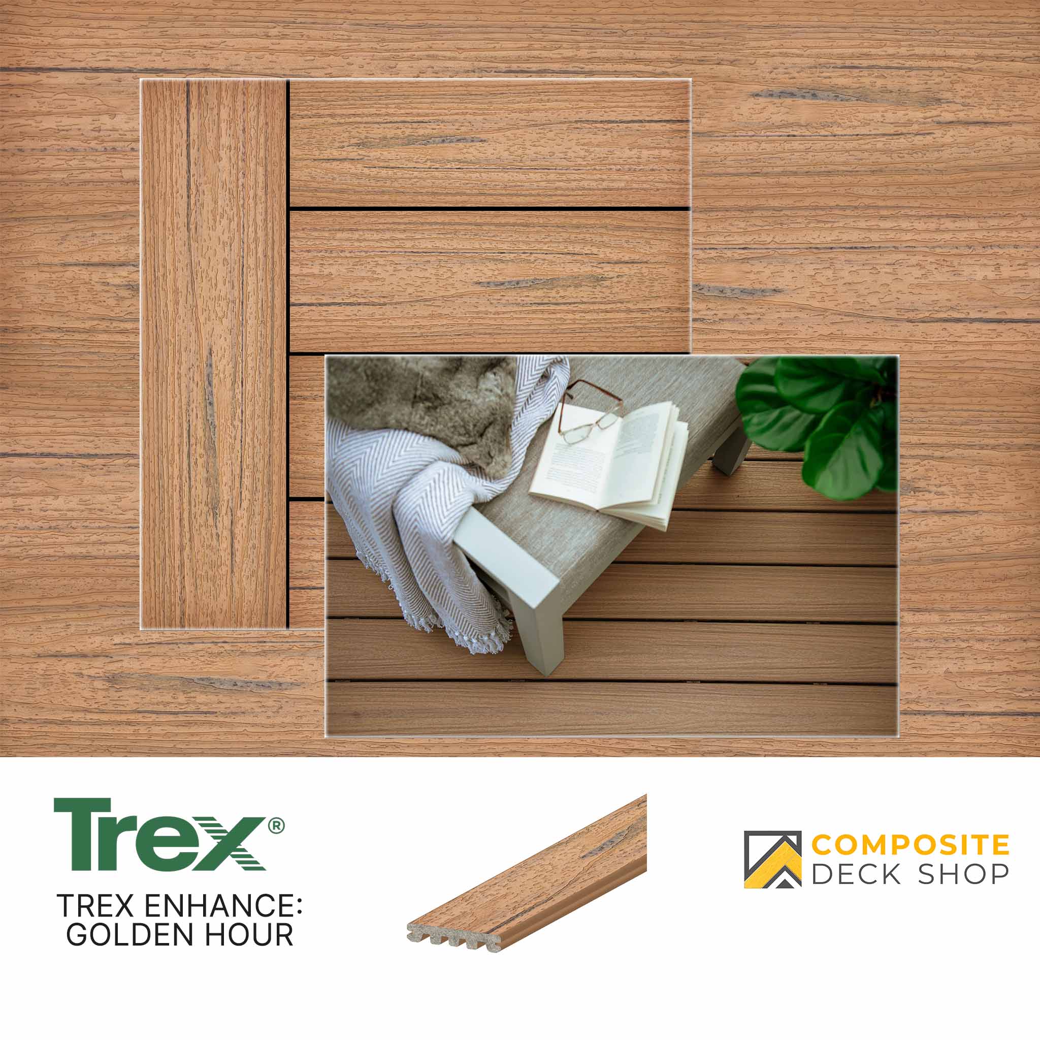 Sample of Trex Enhance Golden Hour composite decking, a low-maintenance, eco-friendly choice for stylish outdoor spaces.