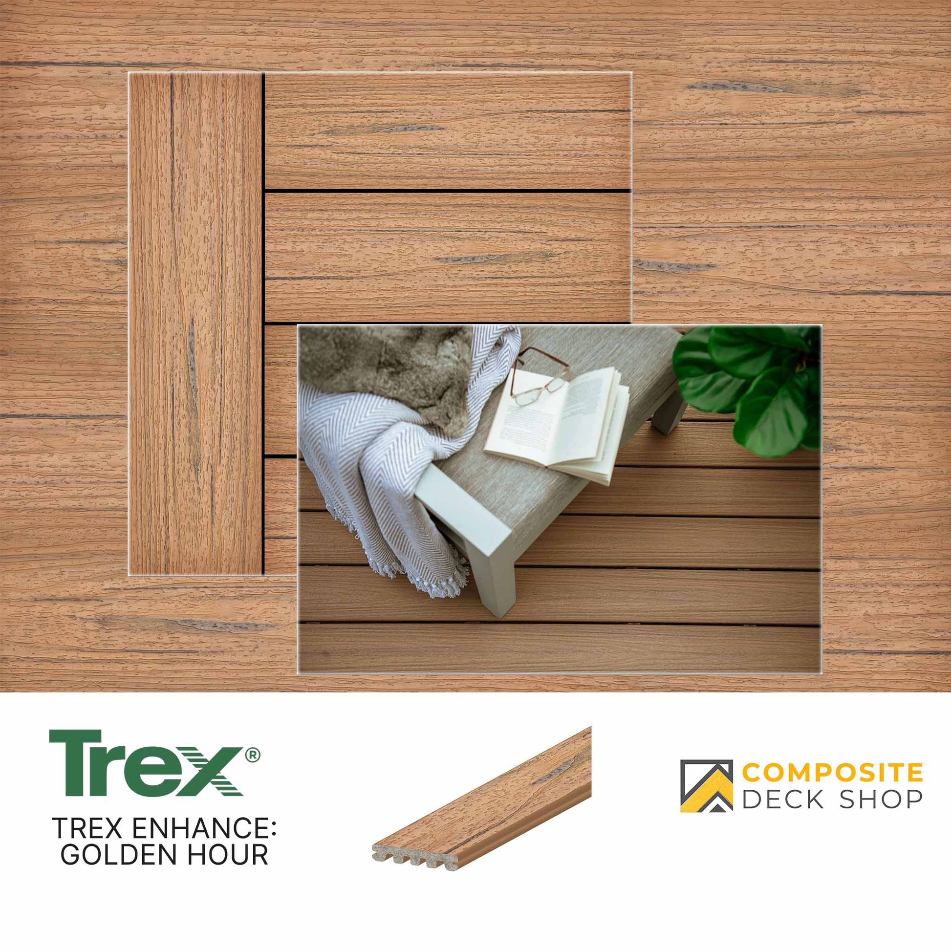 Sample of Trex Enhance Golden Hour composite decking, a low-maintenance, eco-friendly choice for stylish outdoor spaces.