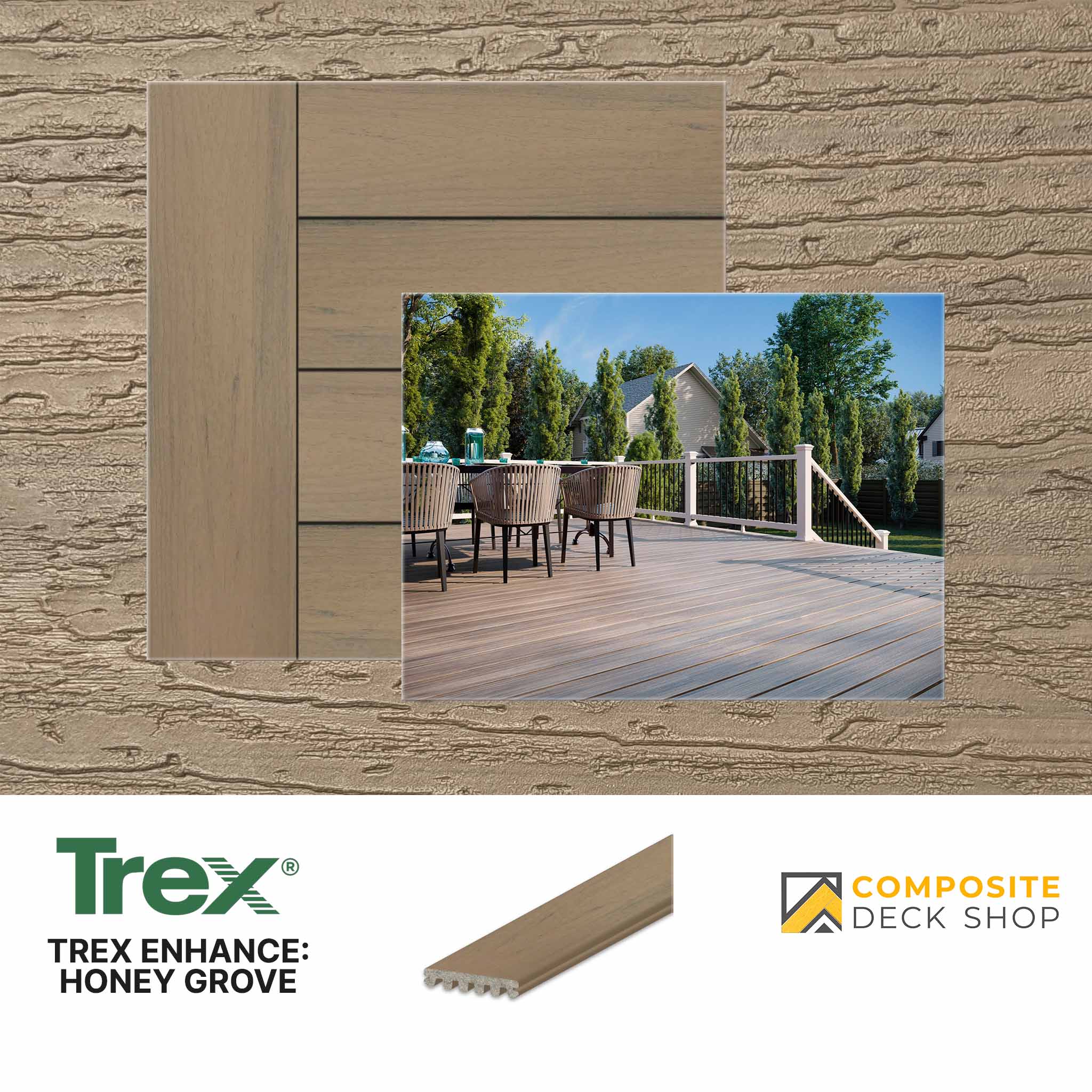 Trex composite deck material with a sample of a deck and outdoor furniture.