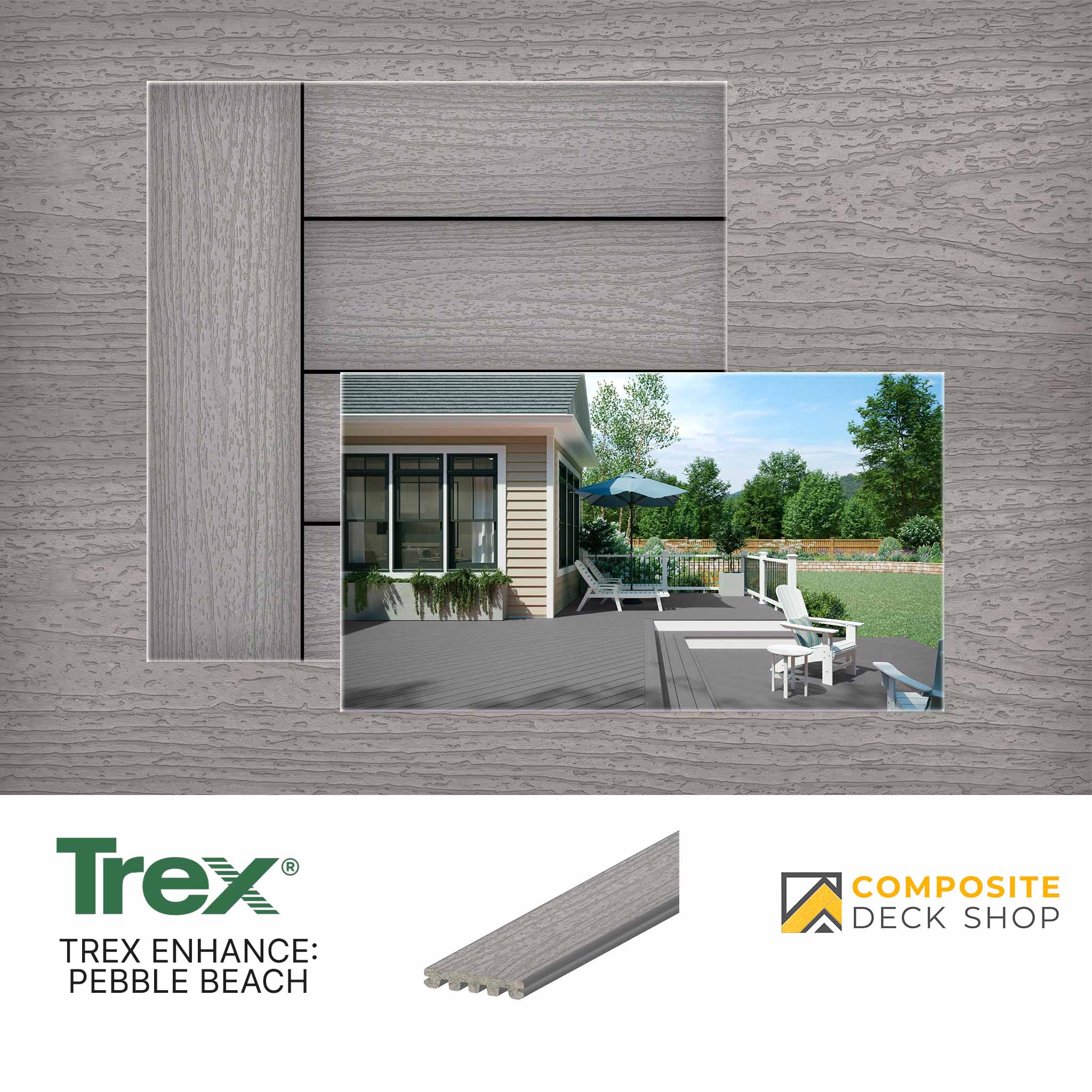 Gray low-maintenance composite decking boards shown in an outdoor deck scene, labeled Trex Enhance: Pebble Beach.