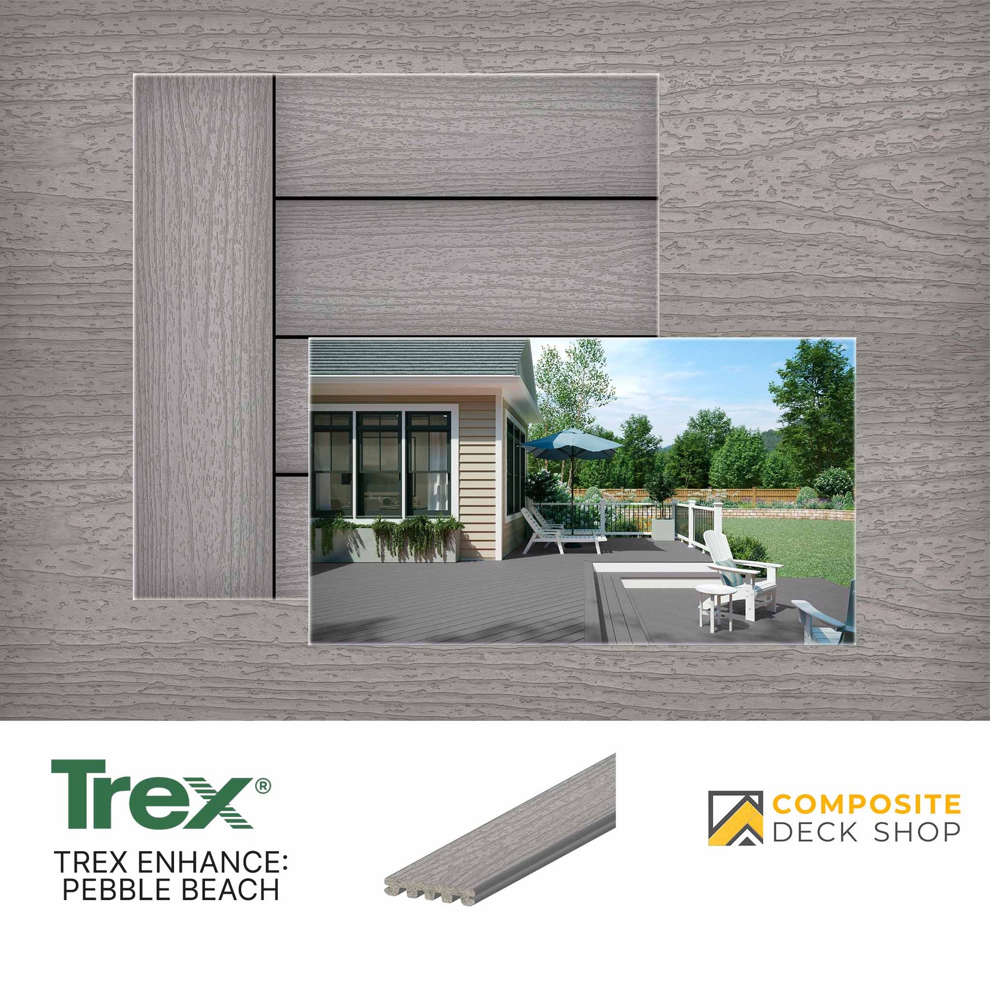 Gray low-maintenance composite decking boards shown in an outdoor deck scene, labeled Trex Enhance: Pebble Beach.