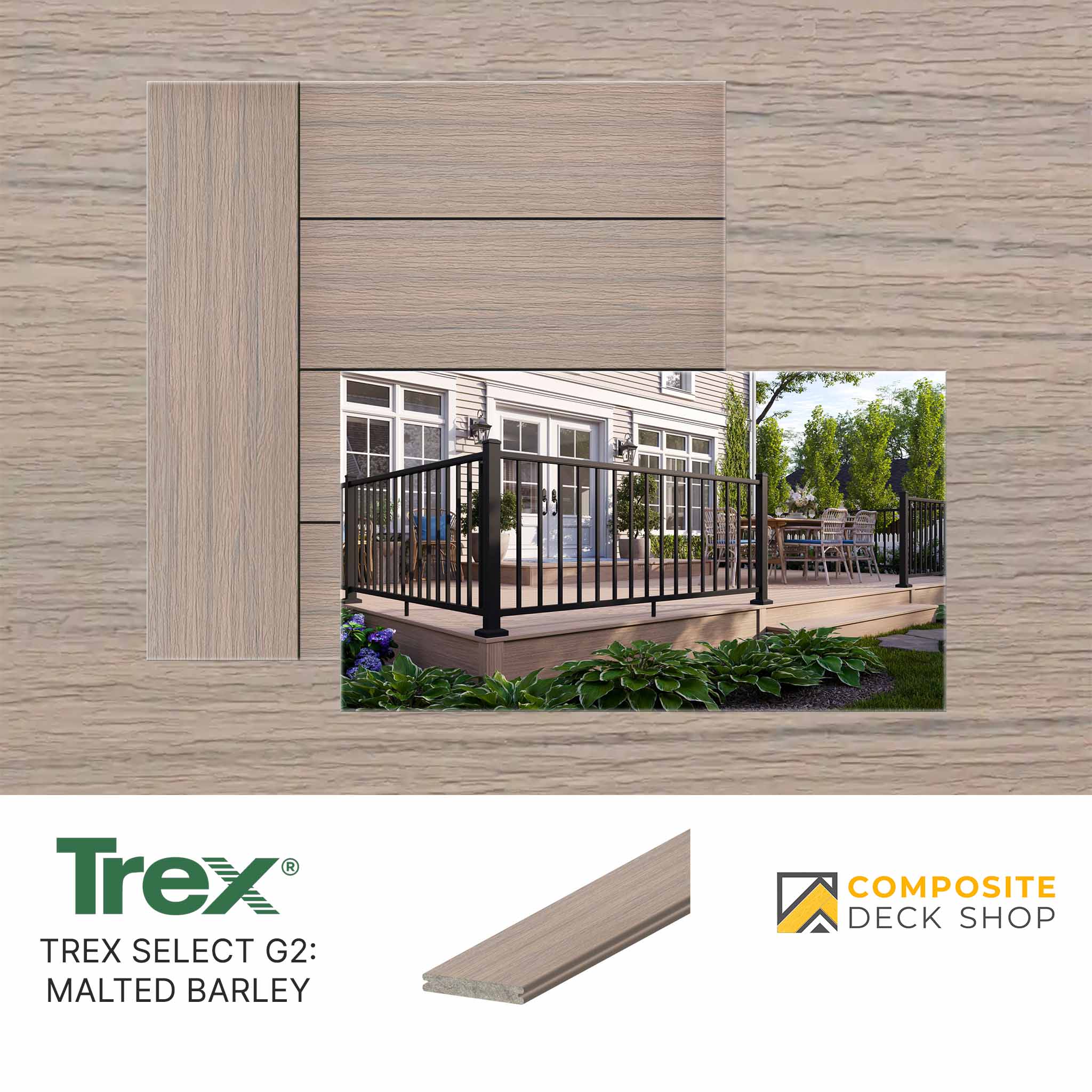 Composite deck board samples and a deck photo in Trex Select decking, featuring scratch resistance and recycled materials.
