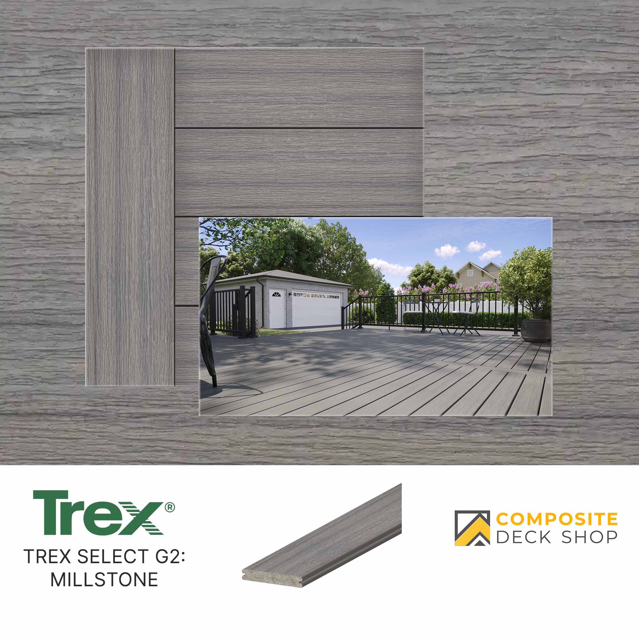 Trex SELECT G2 Millstone decking material with a backyard scene and brand logos.