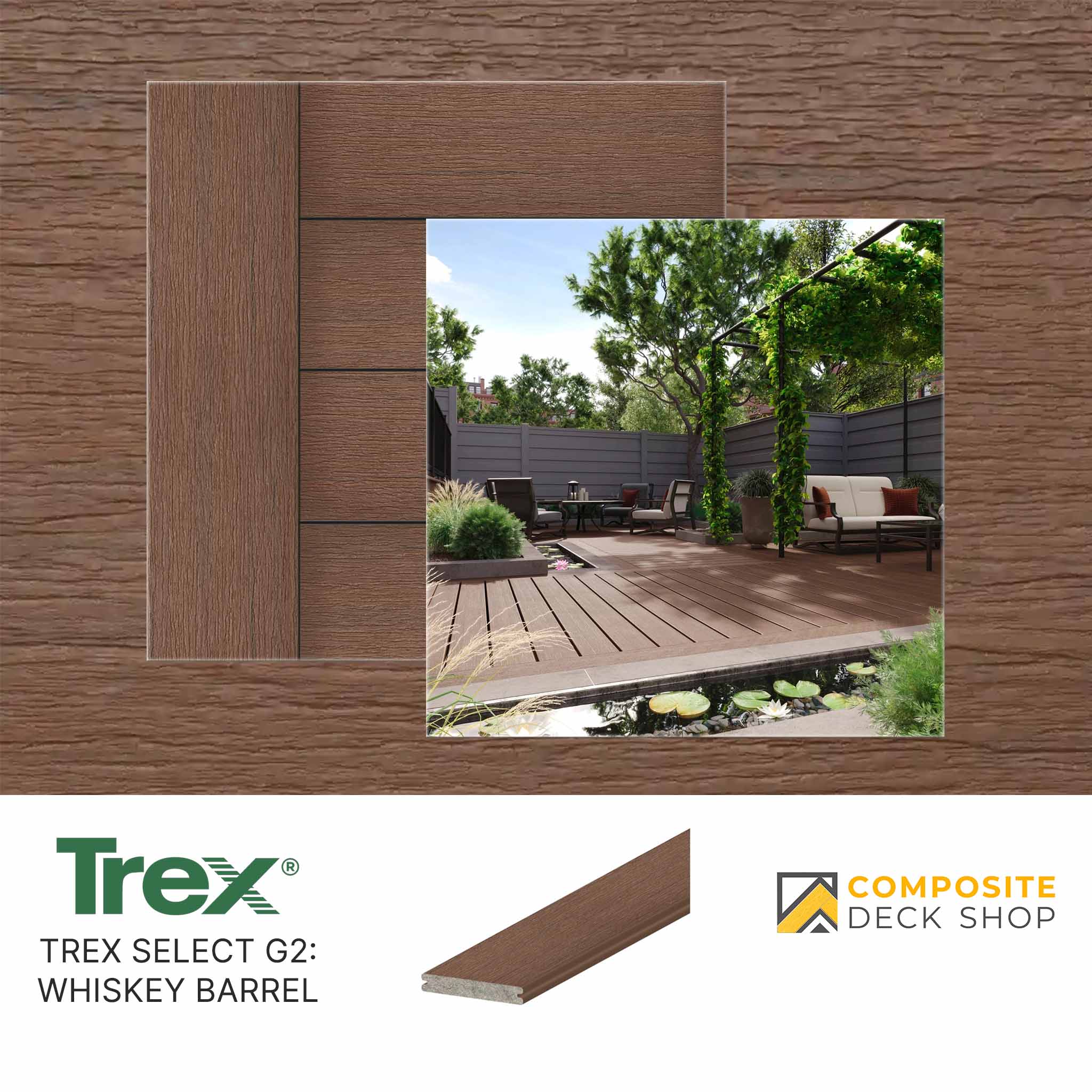 Sample of Trex Select decking in Whiskey Barrel, featuring scratch resistance and recycled materials in an outdoor deck install.