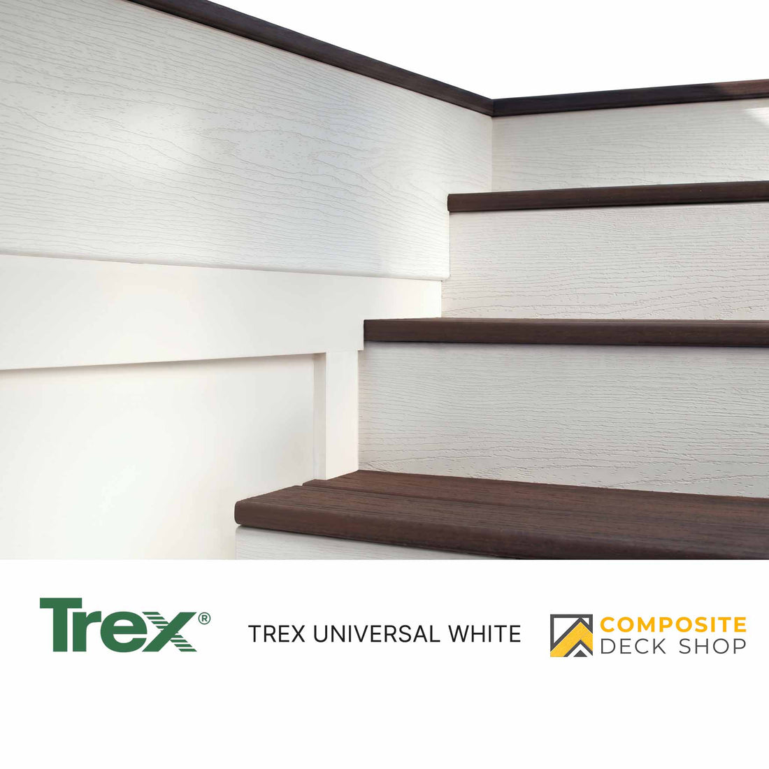 White stairway with dark brown treads, featuring Trex Universal White Steps and Composite Deck Shop logo; ideal for deck stair systems.