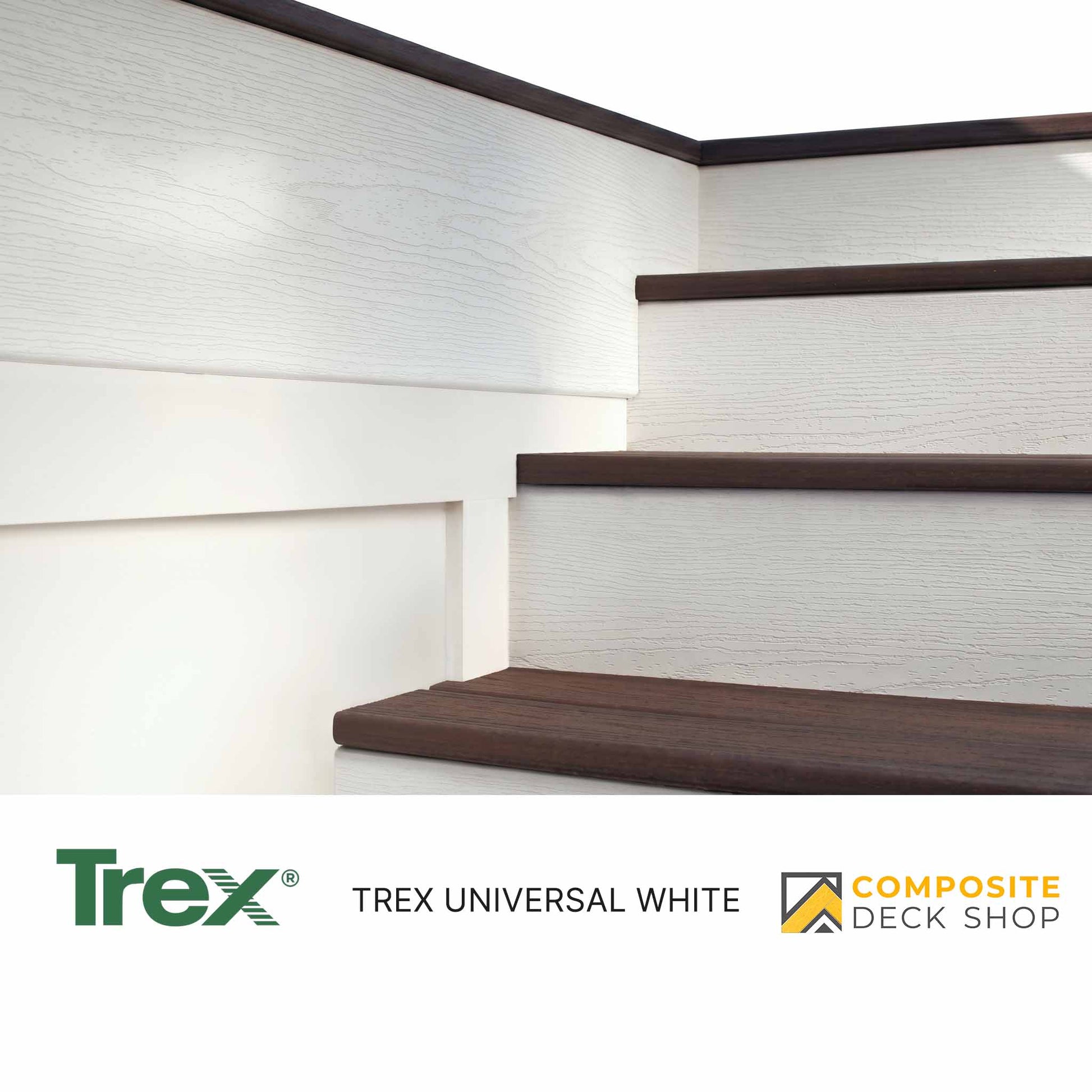 White stairway with dark brown treads, featuring Trex Universal White Steps and Composite Deck Shop logo; ideal for deck stair systems.