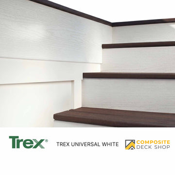 White stairway with dark brown treads, featuring Trex Universal White Steps and Composite Deck Shop logo; ideal for deck stair systems.
