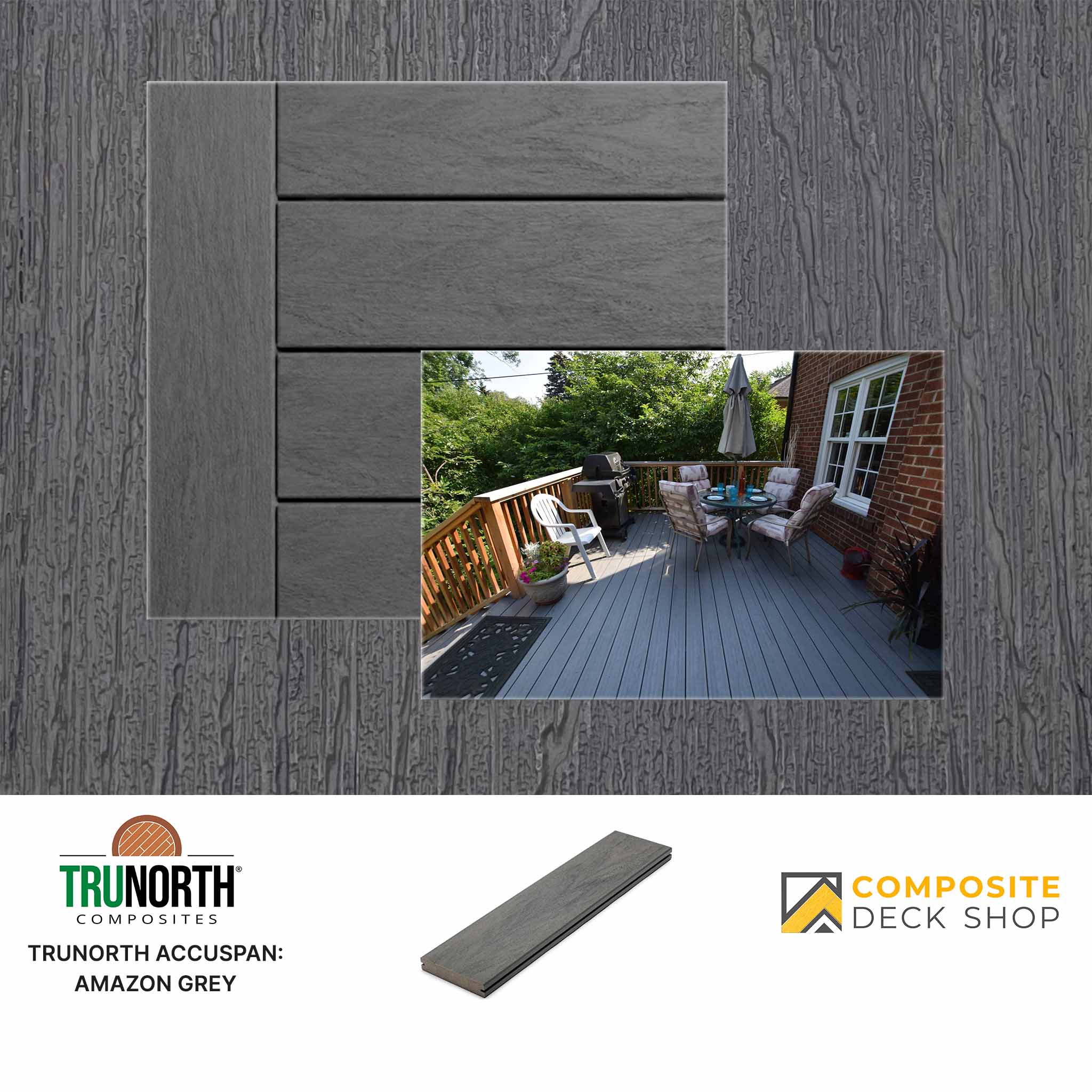 Composite decking material with a sample installation on a deck, featuring Trunorth Composites branding.