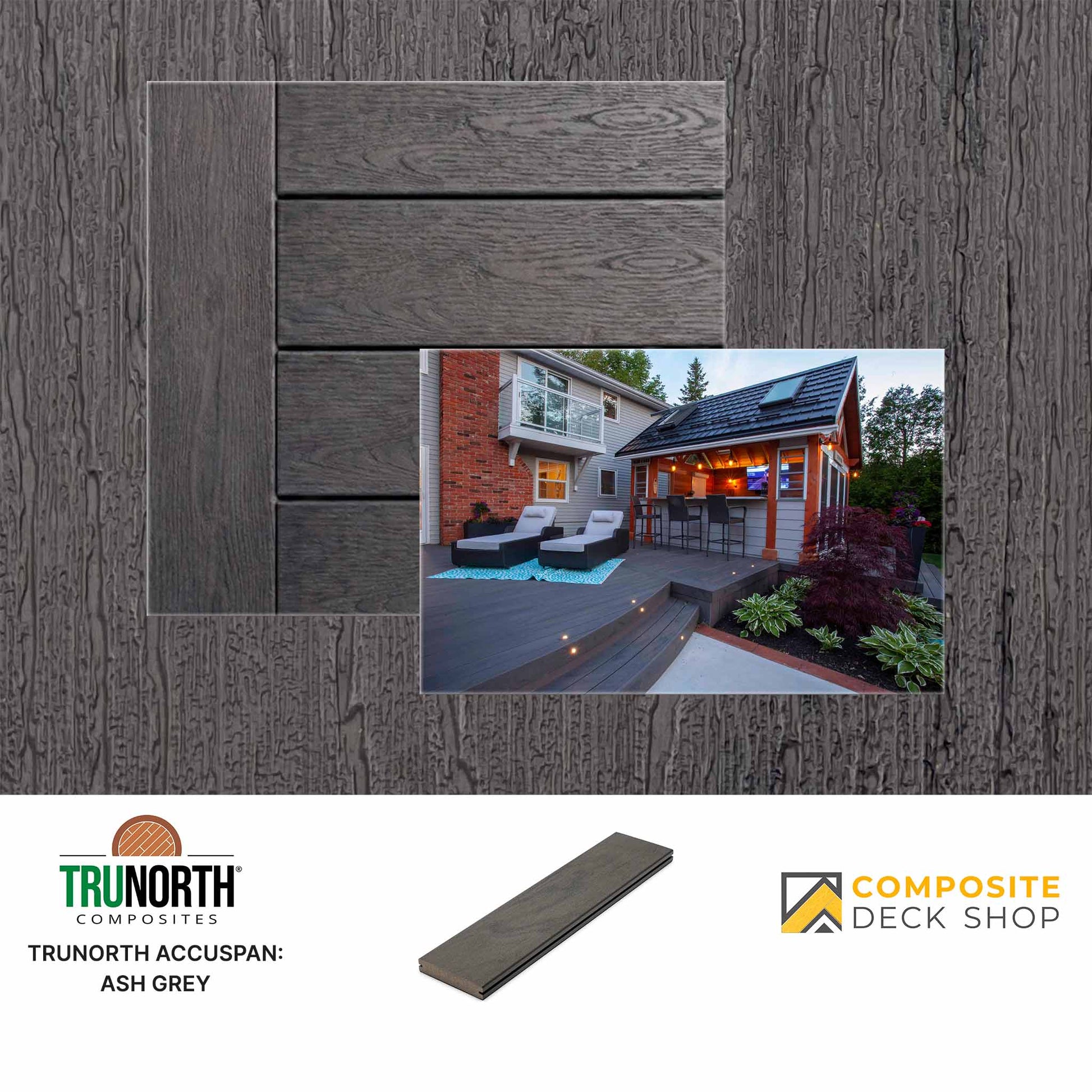Trunorth Composites Accuspan Ash Grey decking material with a composite deck shop background.