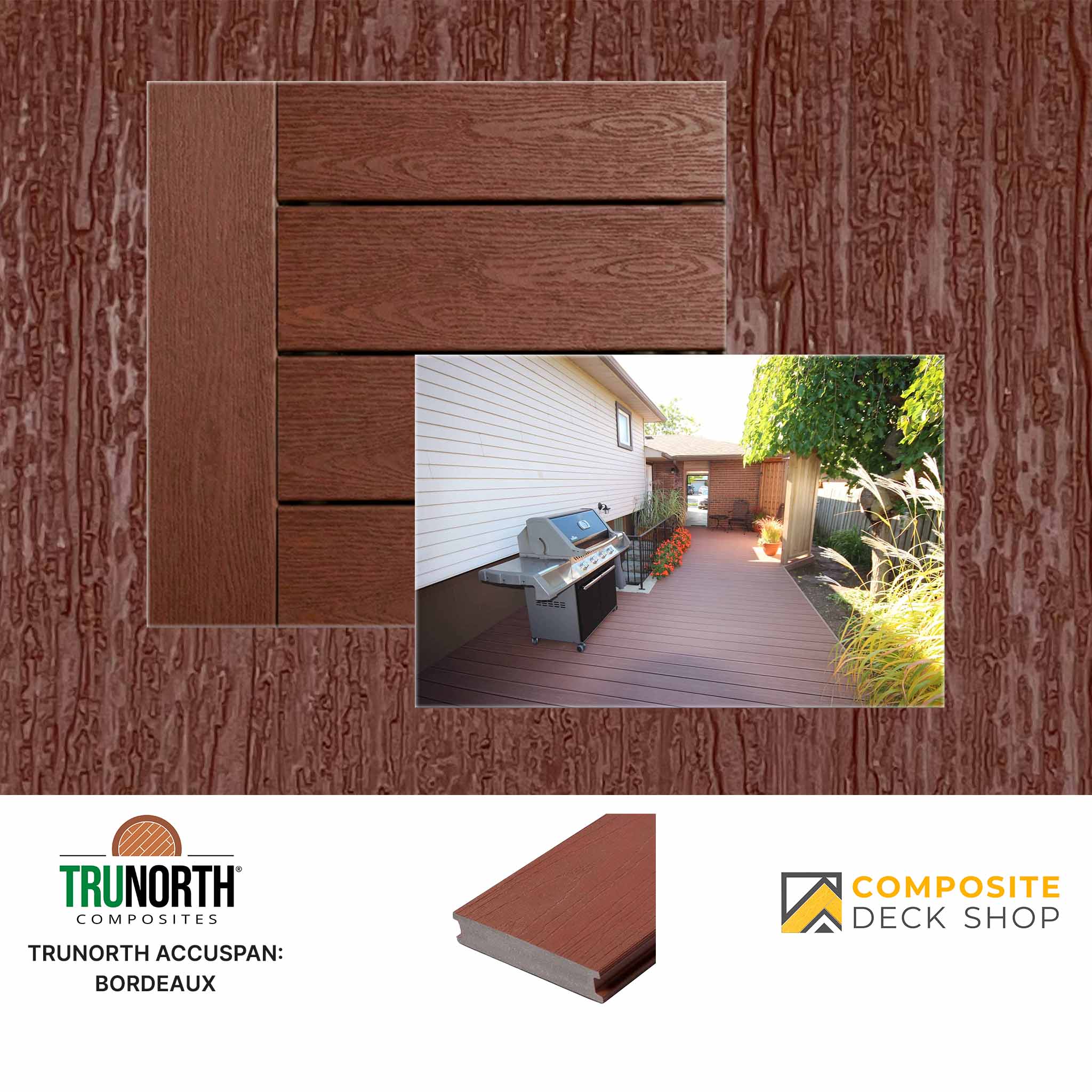 Composite decking material with a sample of a deck and grill area, featuring TruNorth Composites branding.
