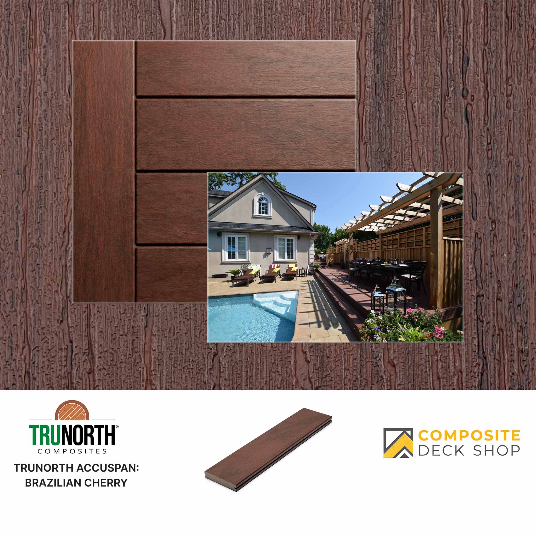 Composite decking material with a house and pool background, featuring Trunorth Composites branding.