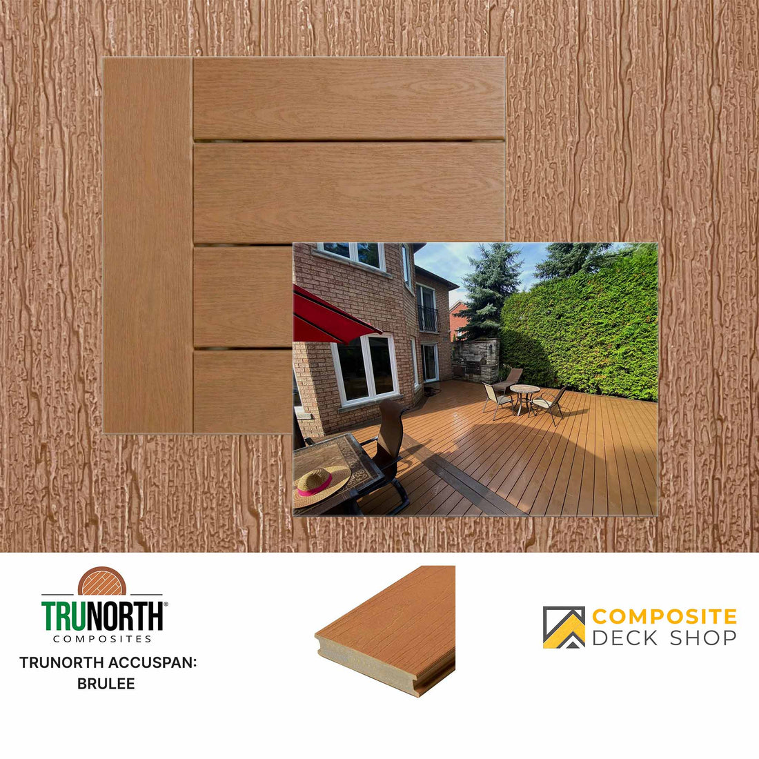 Accuspan decking in warm brown, shown installed on a backyard patio with outdoor furniture; rot-resistant decking.