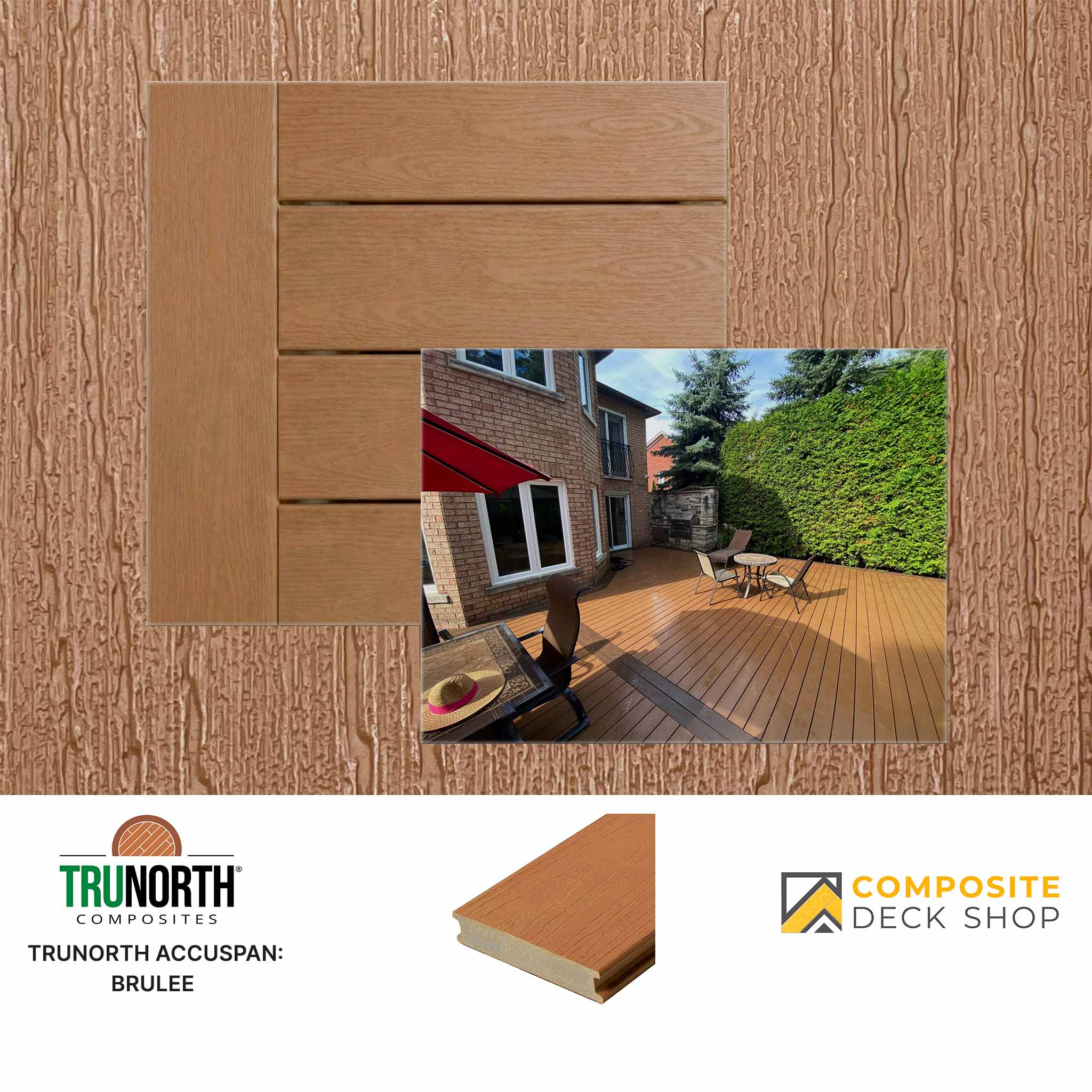 Accuspan decking in warm brown, shown installed on a backyard patio with outdoor furniture; rot-resistant decking.