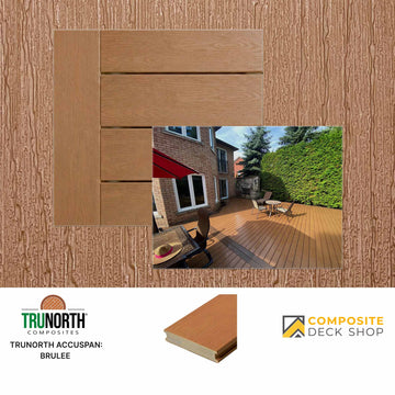 Accuspan decking in warm brown, shown installed on a backyard patio with outdoor furniture; rot-resistant decking.