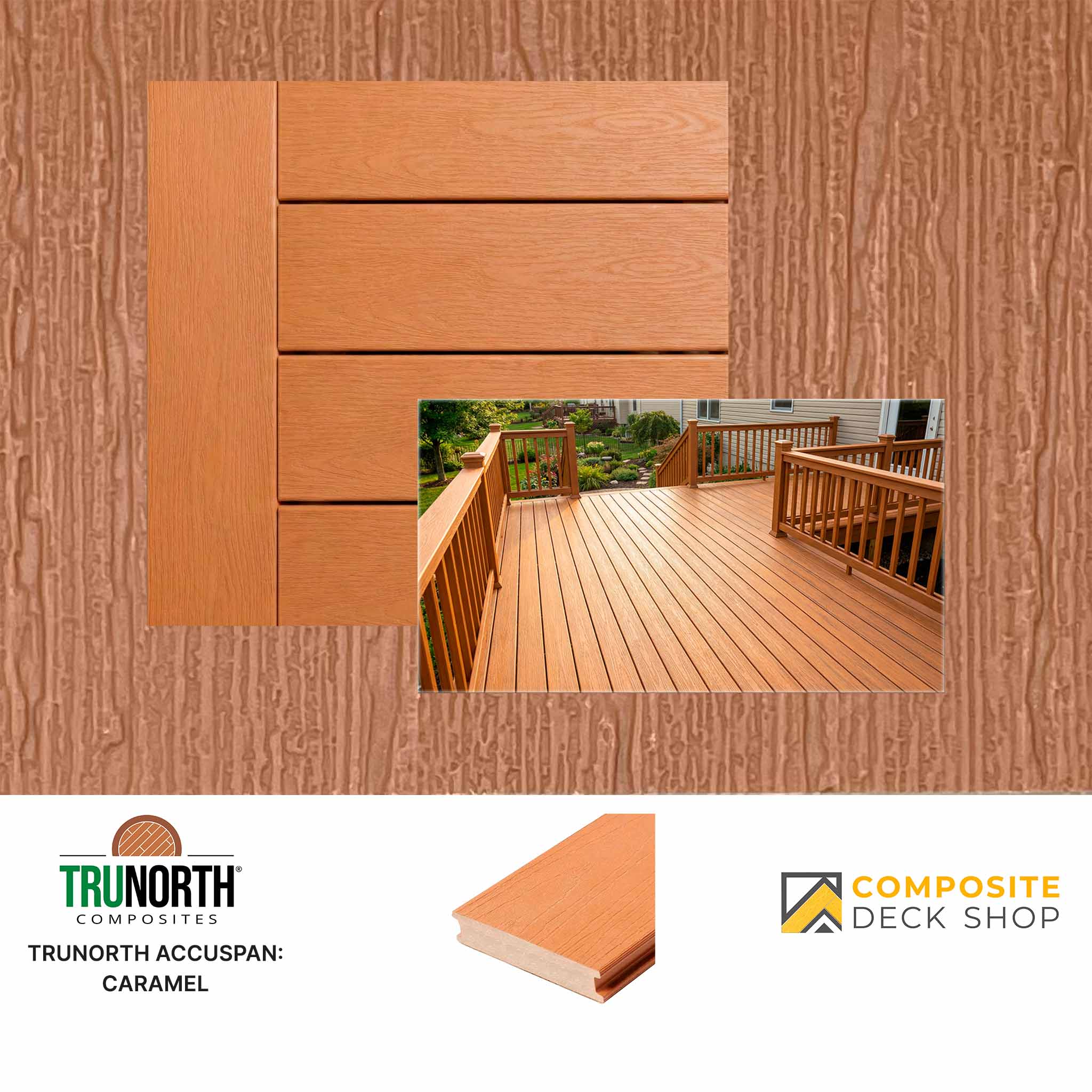 Wooden deck boards with a composite deck shop logo and Trunorth Composites branding.
