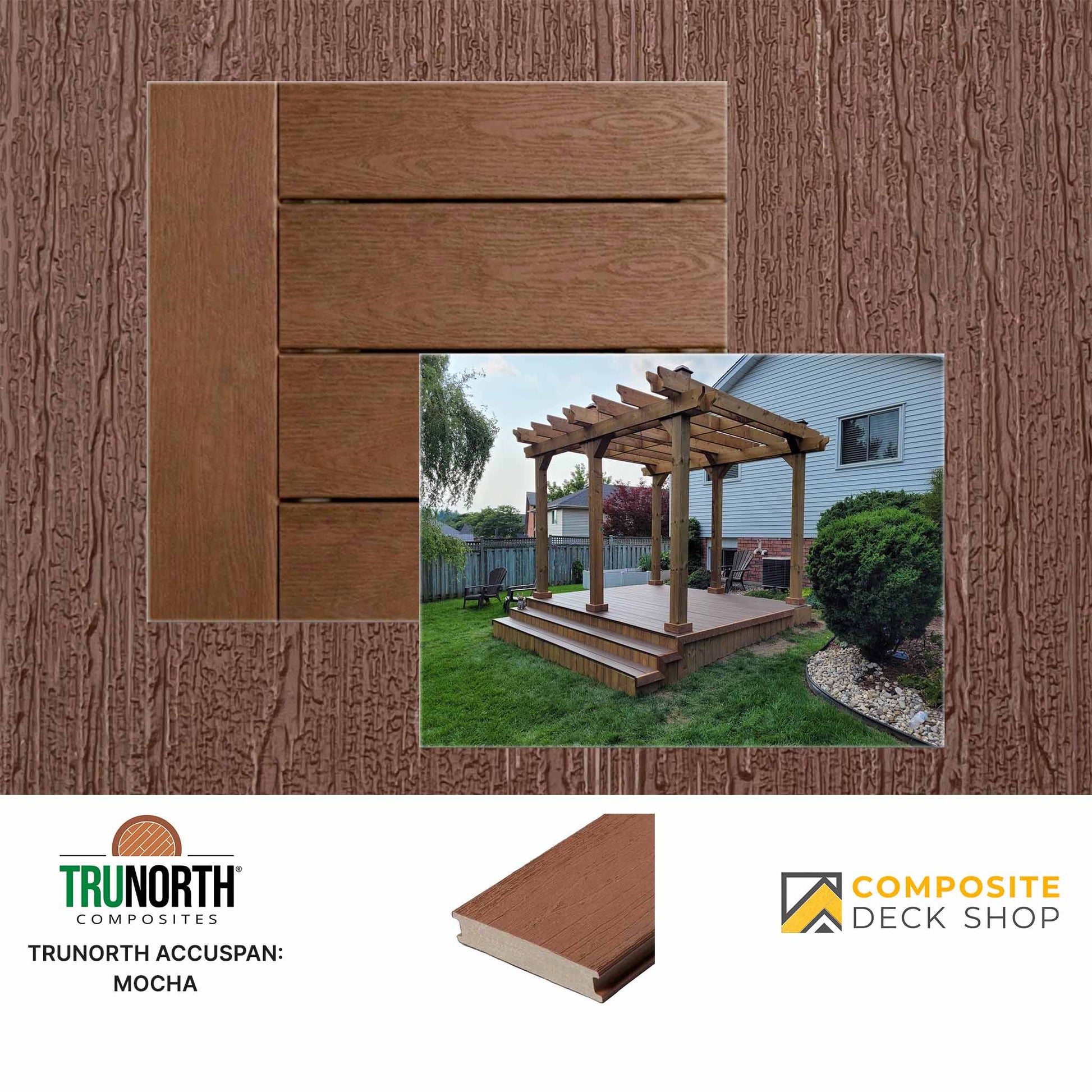 Wooden deck boards with a backyard scene and brand logos at the bottom.