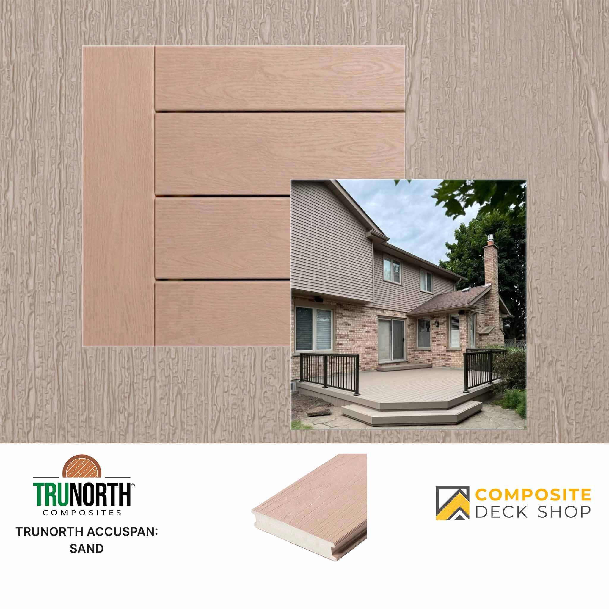 Composite deck boards with a house in the background, featuring Trunorth Composites branding.