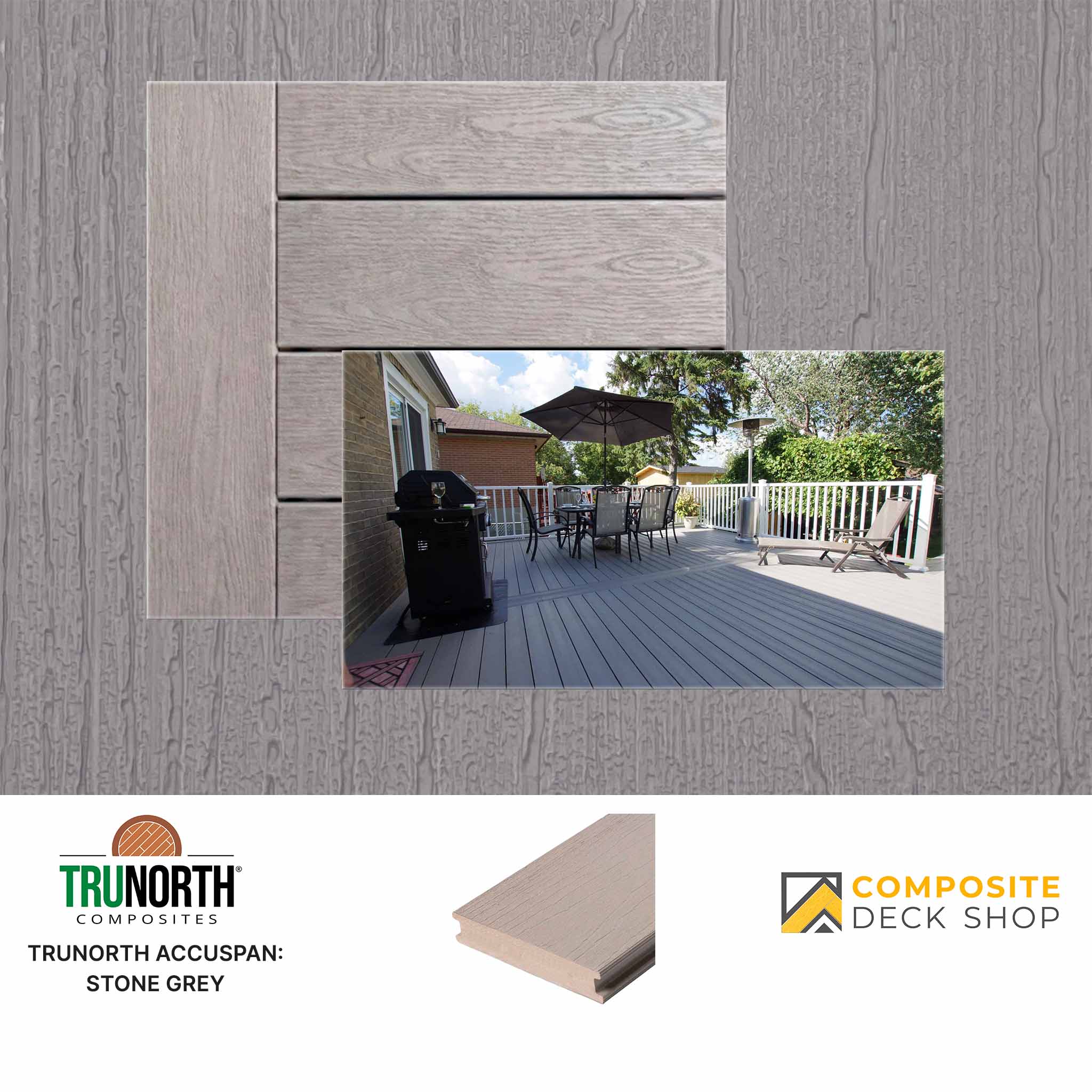 Stone grey composite decking with outdoor setting and brand logos.