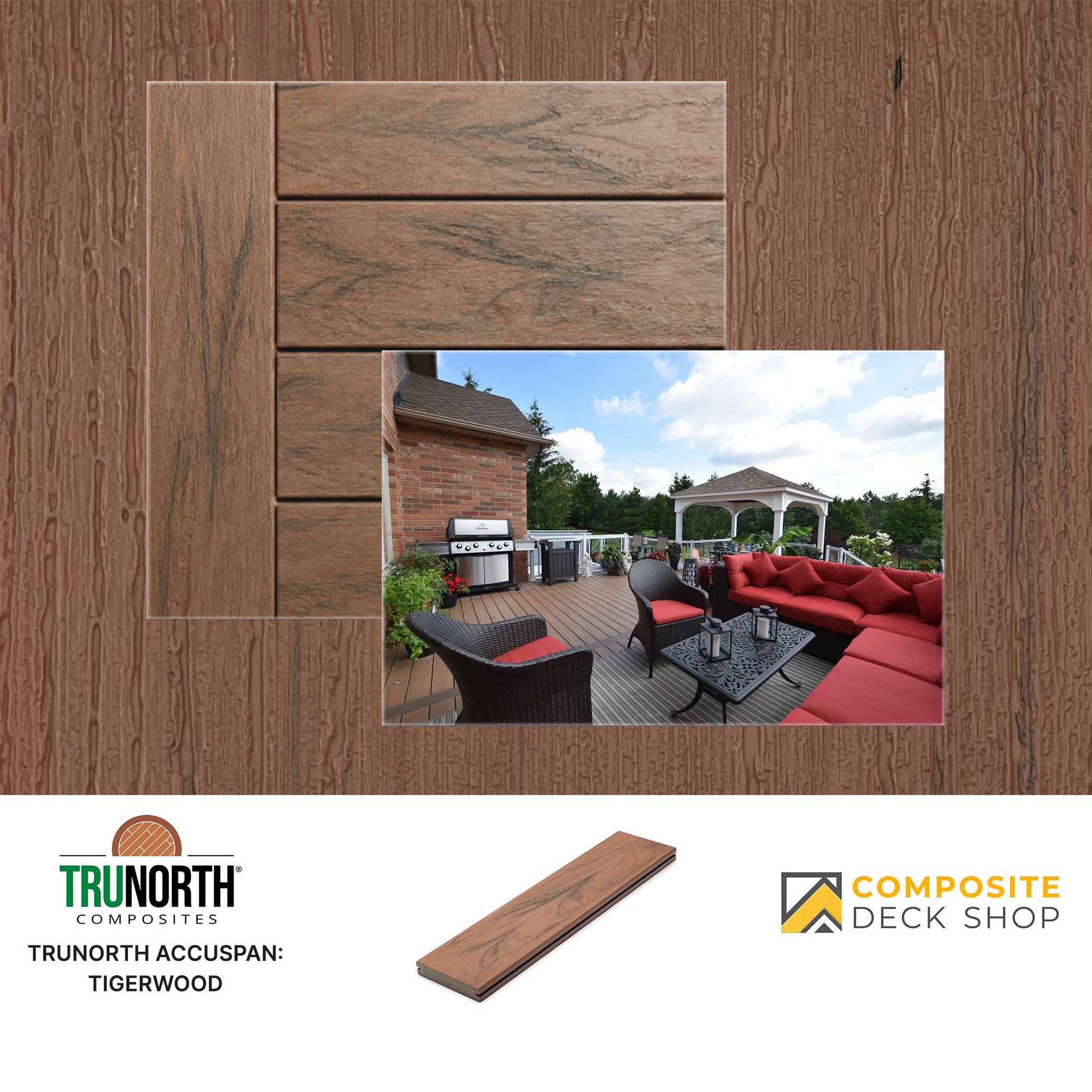 Wooden deck boards with an outdoor setting and brand logos at the bottom.