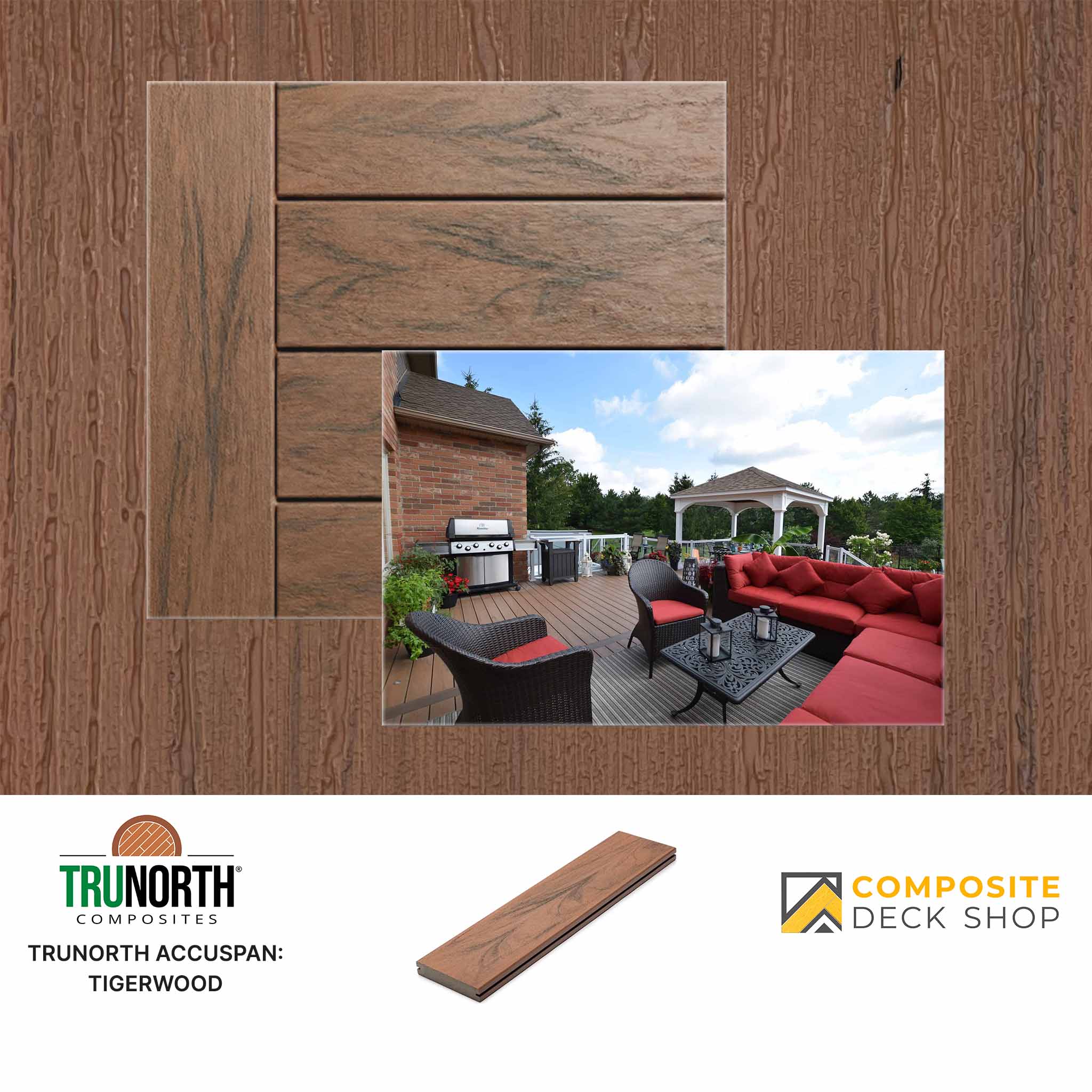 Wooden deck boards with an outdoor setting and brand logos at the bottom.
