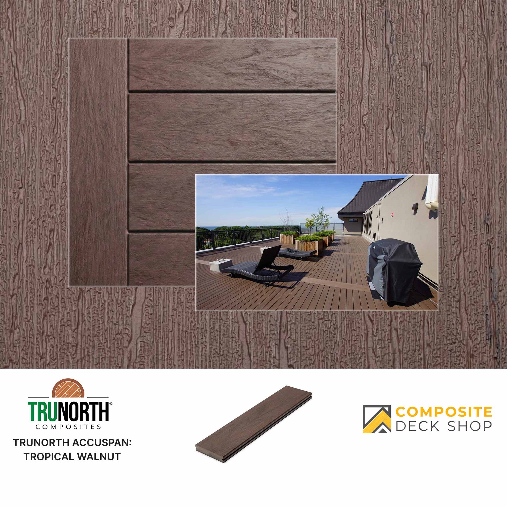 Composite decking material with a tropical walnut finish, shown on a deck with outdoor furniture and a house in the background.