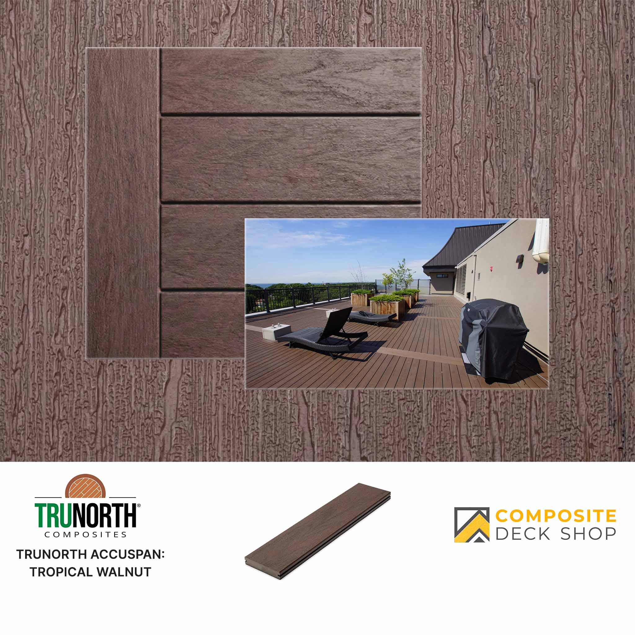 Composite decking material with a tropical walnut finish, shown on a deck with outdoor furniture and a house in the background.