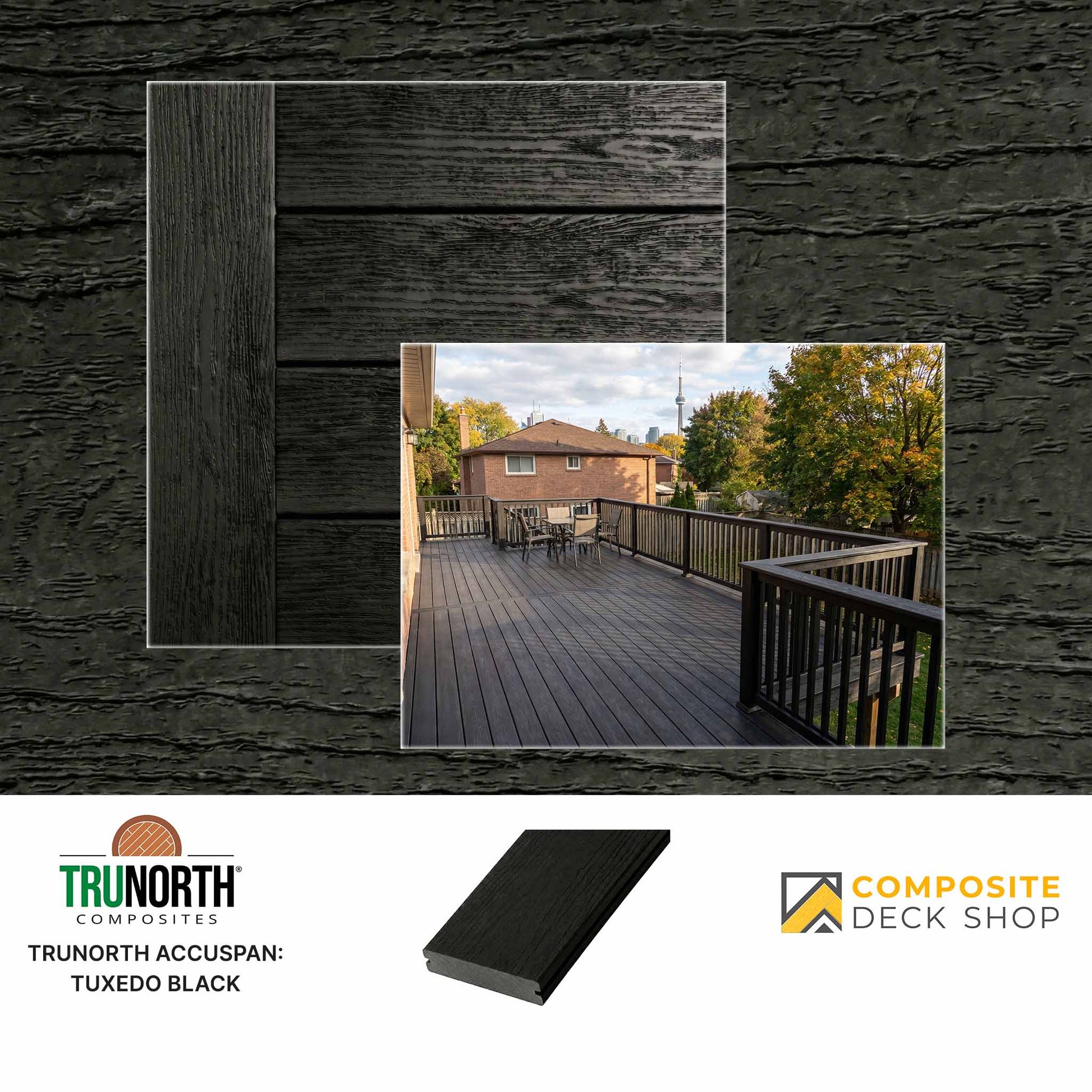 Composite deck boards in tuxedo black, made from low maintenance decking, shown installed with railing and patio set.