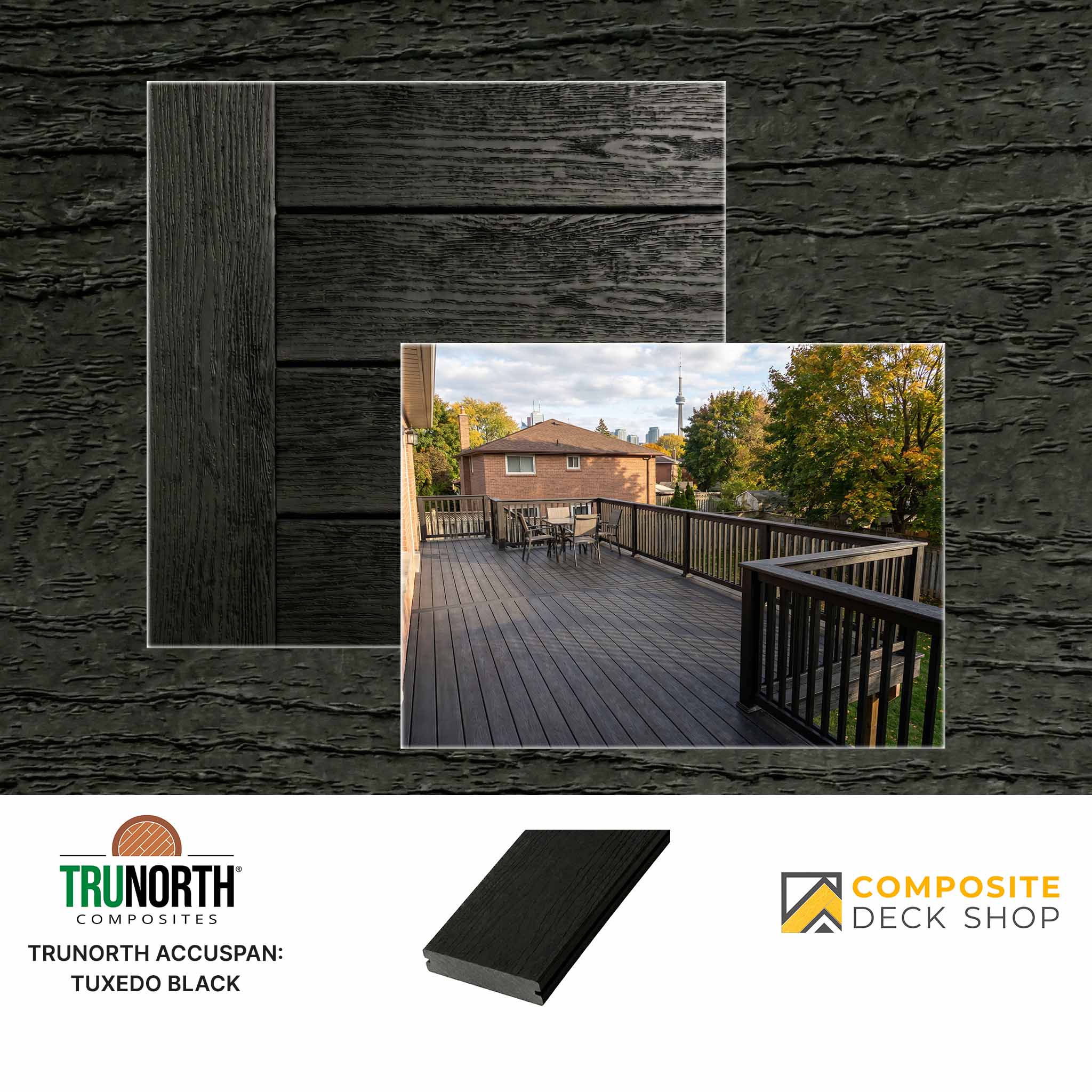 Composite deck boards in tuxedo black, made from low maintenance decking, shown installed with railing and patio set.