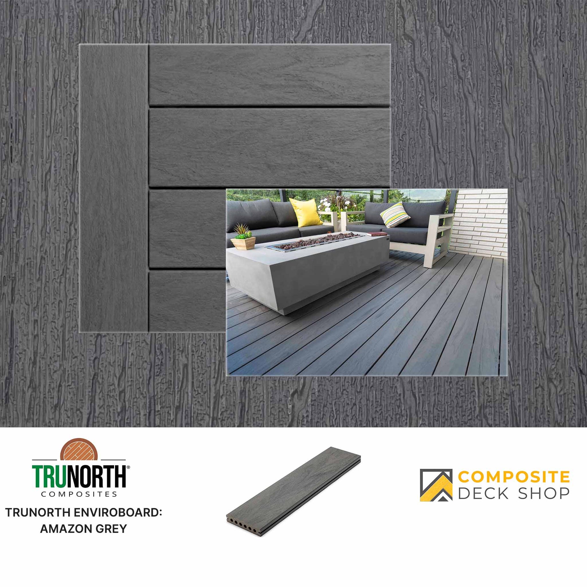 Composite decking material with outdoor furniture and branding logos.