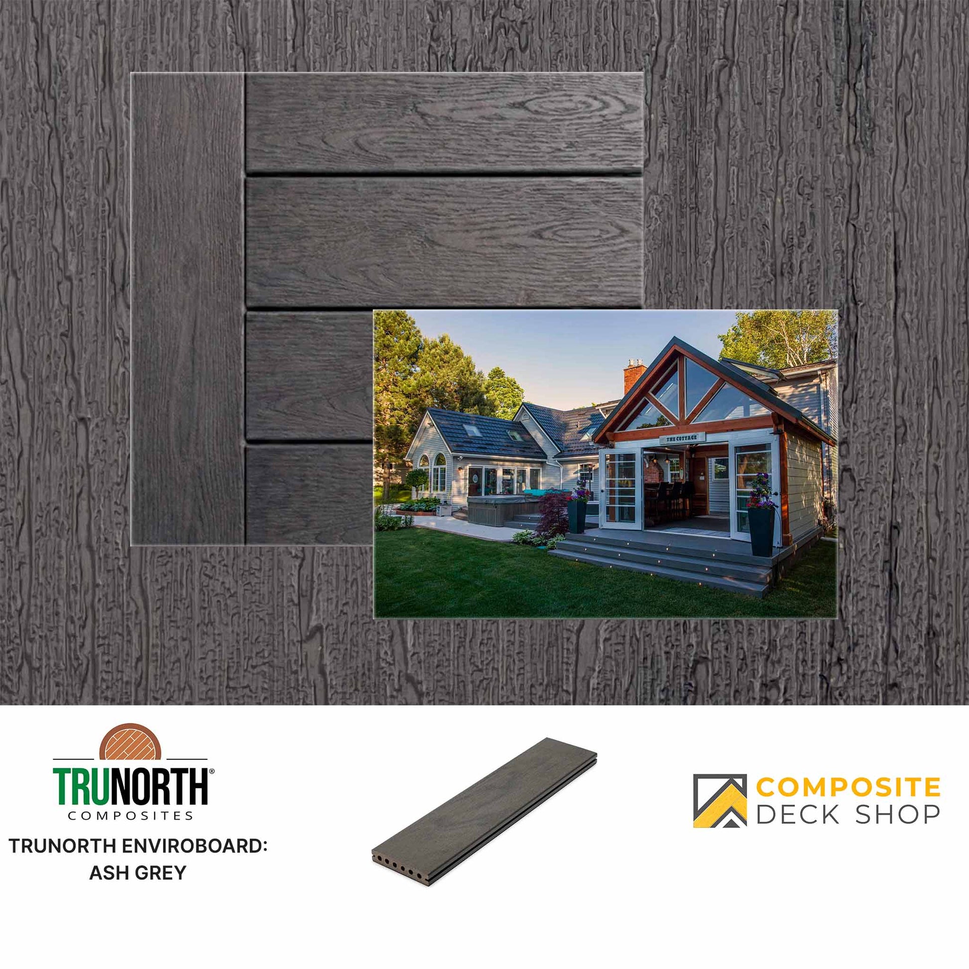 Trunorth Enviroboard Ash Grey decking with a house in the background, featuring Composite Deck Shop branding.