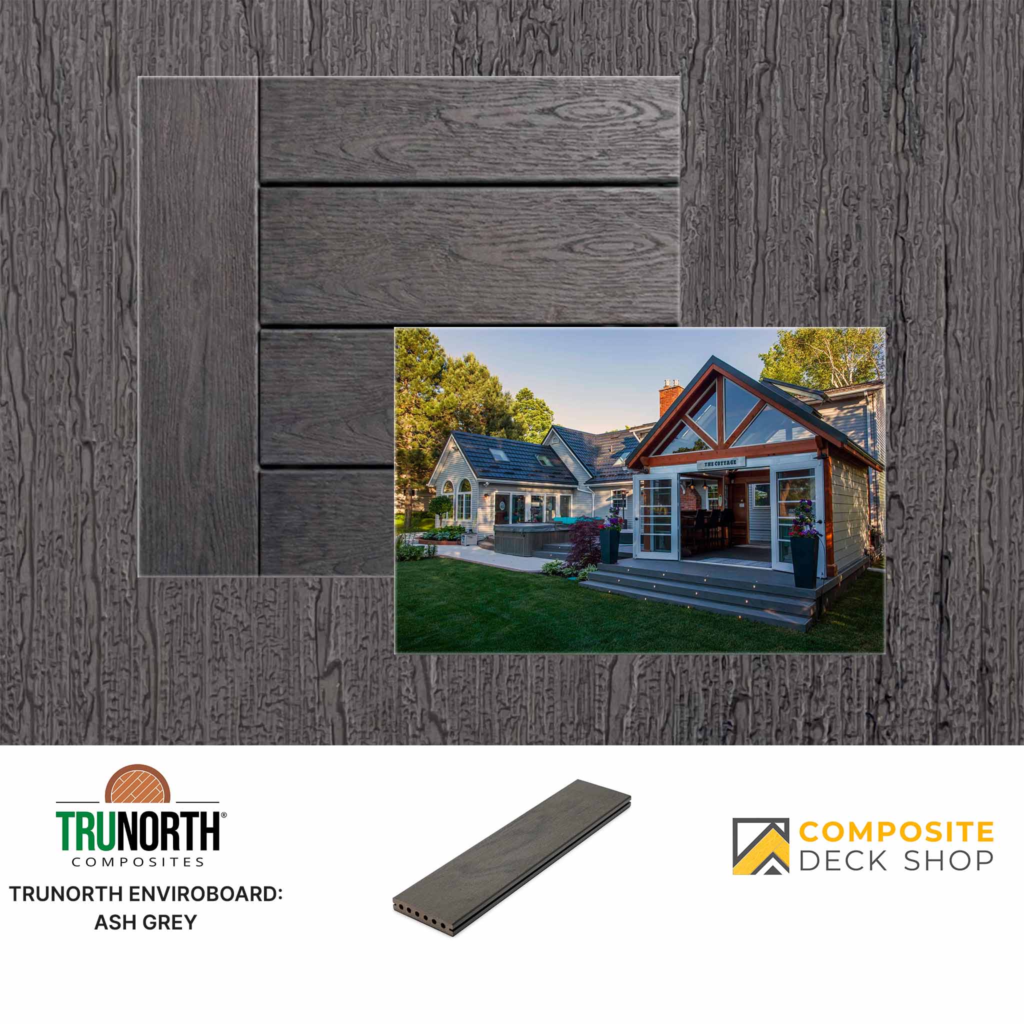 Trunorth Enviroboard Ash Grey decking with a house in the background, featuring Composite Deck Shop branding.