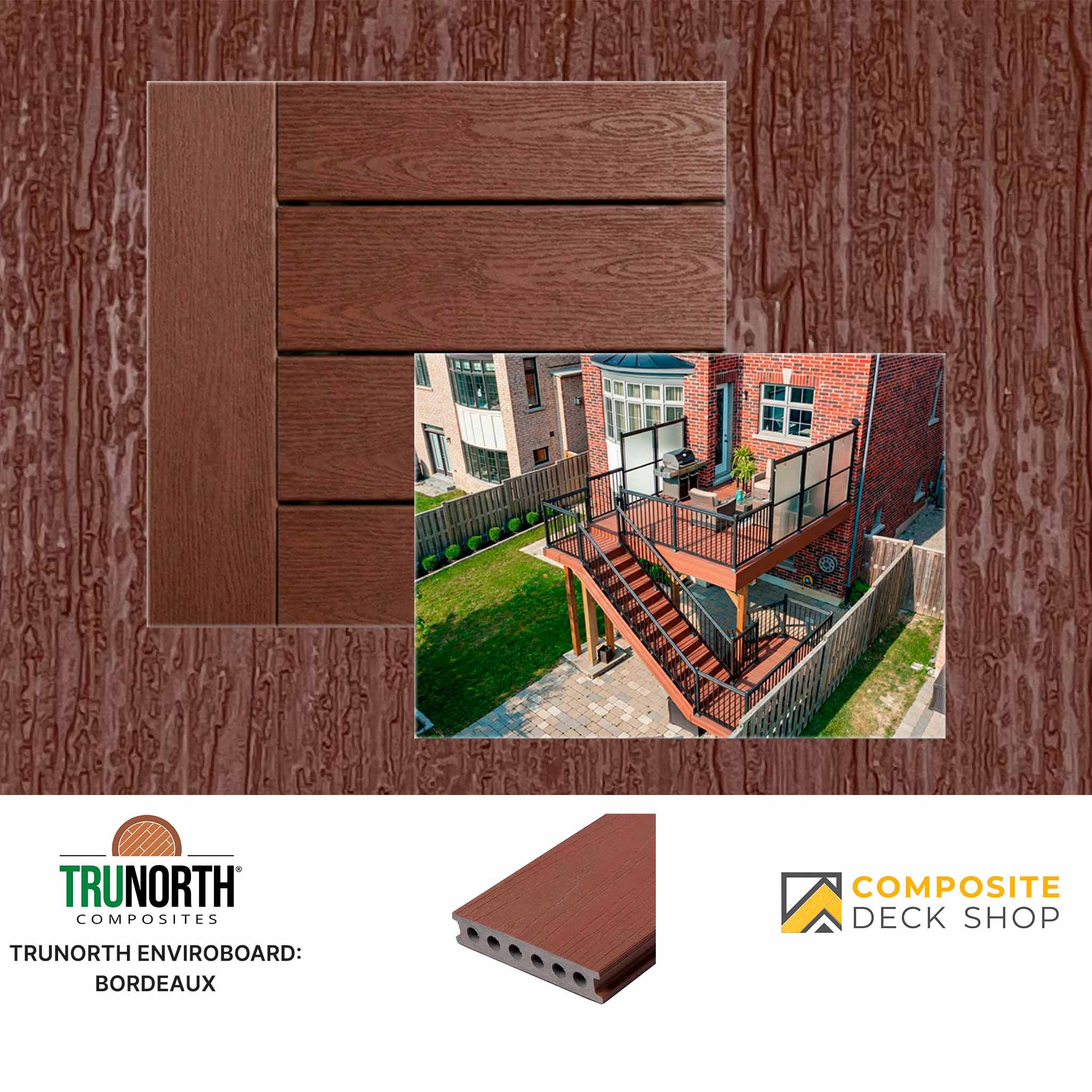 Composite decking material with a backyard deck setup and brand logos at the bottom.