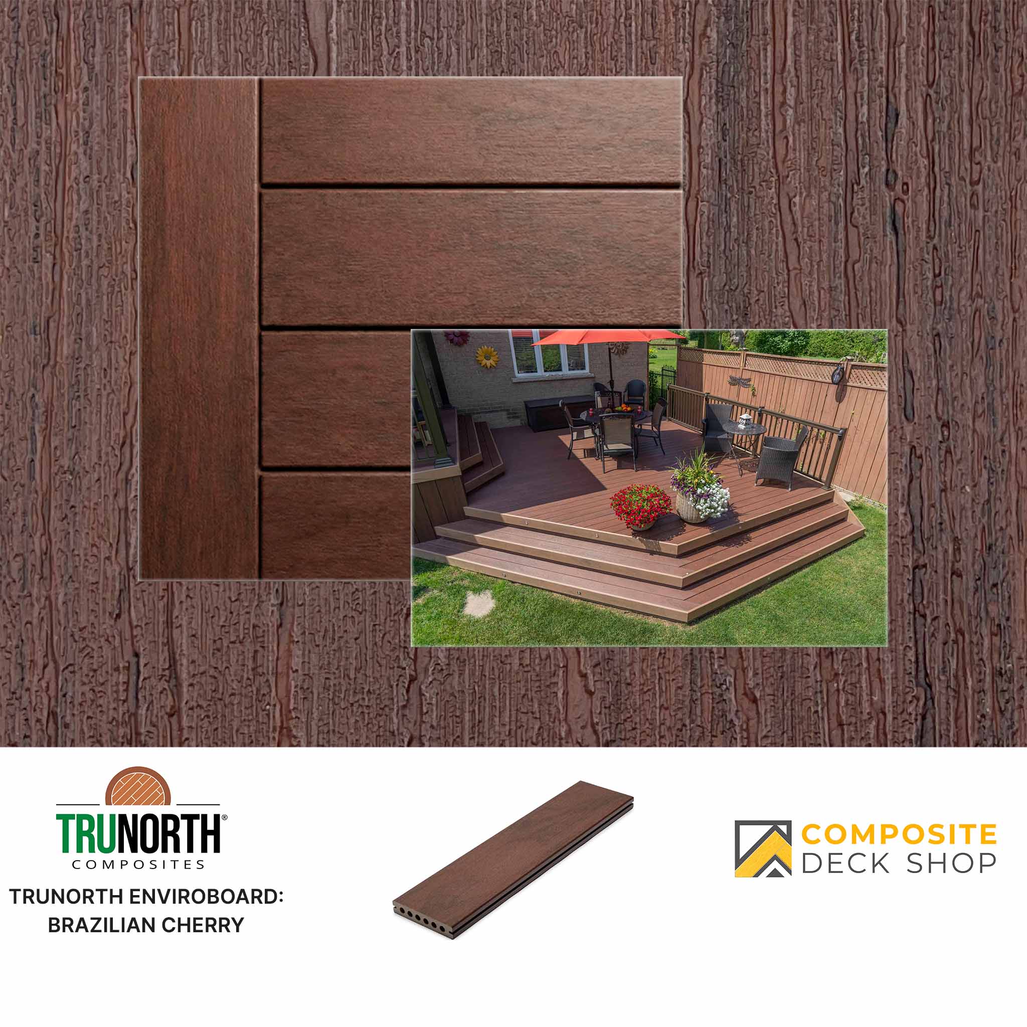 Trunorth Enviroboard Brazilian Cherry decking material with a backyard deck setup and brand logos.