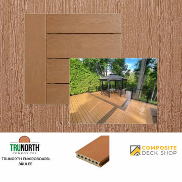 Wooden deck boards with a backyard gazebo scene and brand logos at the bottom.