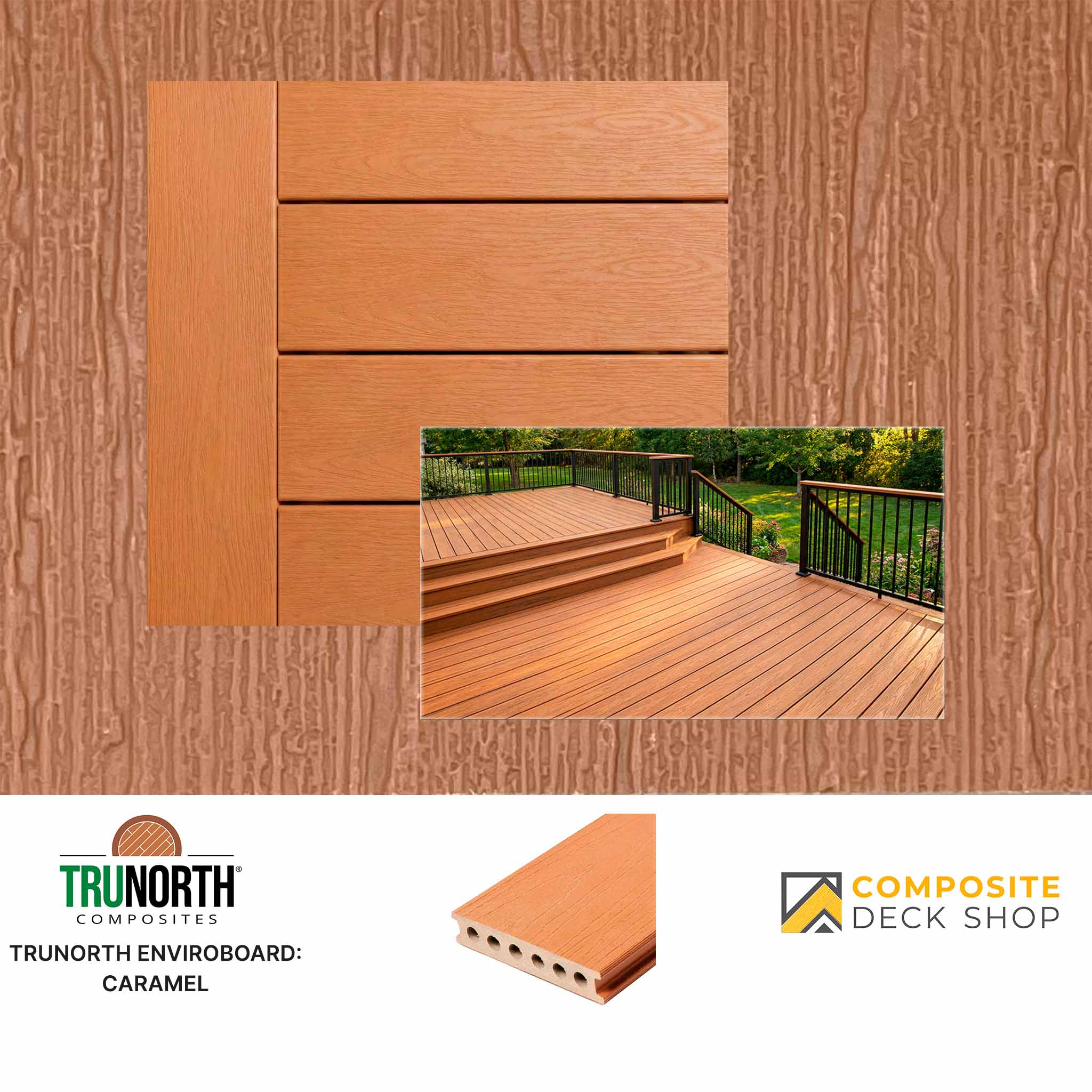 Wooden decking boards with a composite deck shop logo and Trunorth Composites branding.