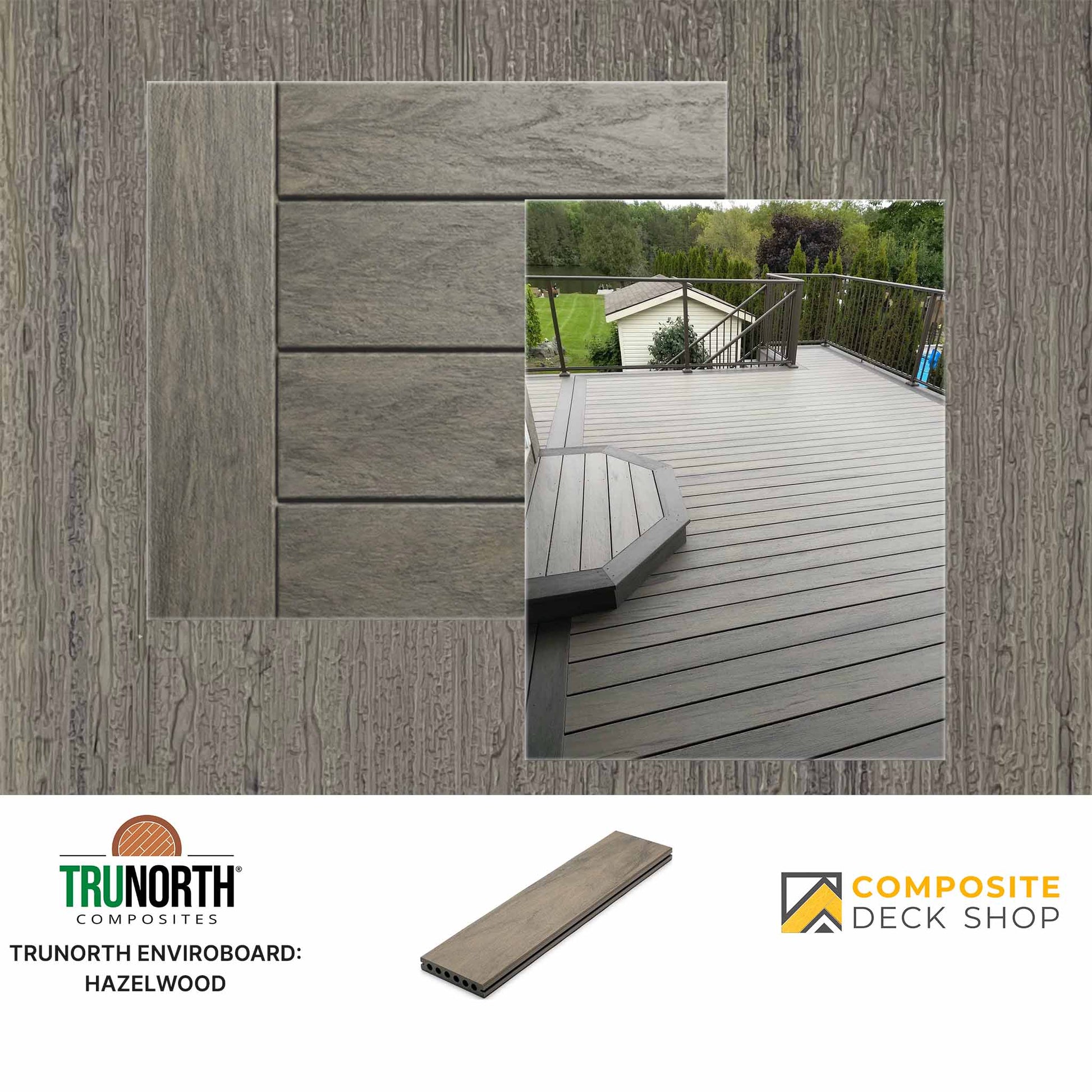 Composite decking material with a deck background, featuring TruNorth Composites branding.