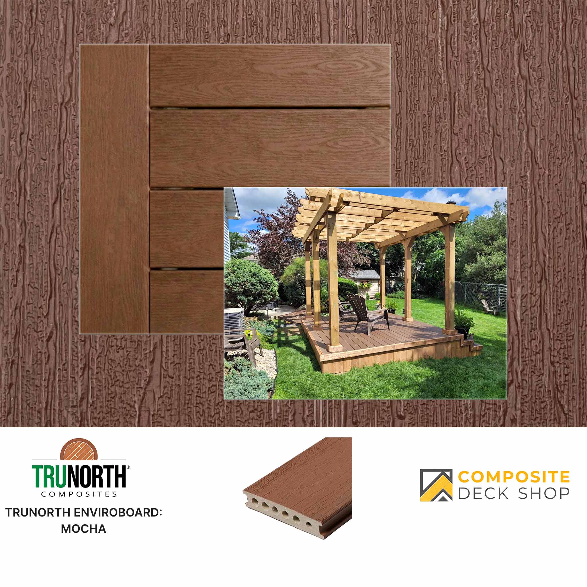 Mocha-coloured composite deck boards with a backyard scene and brand logos.