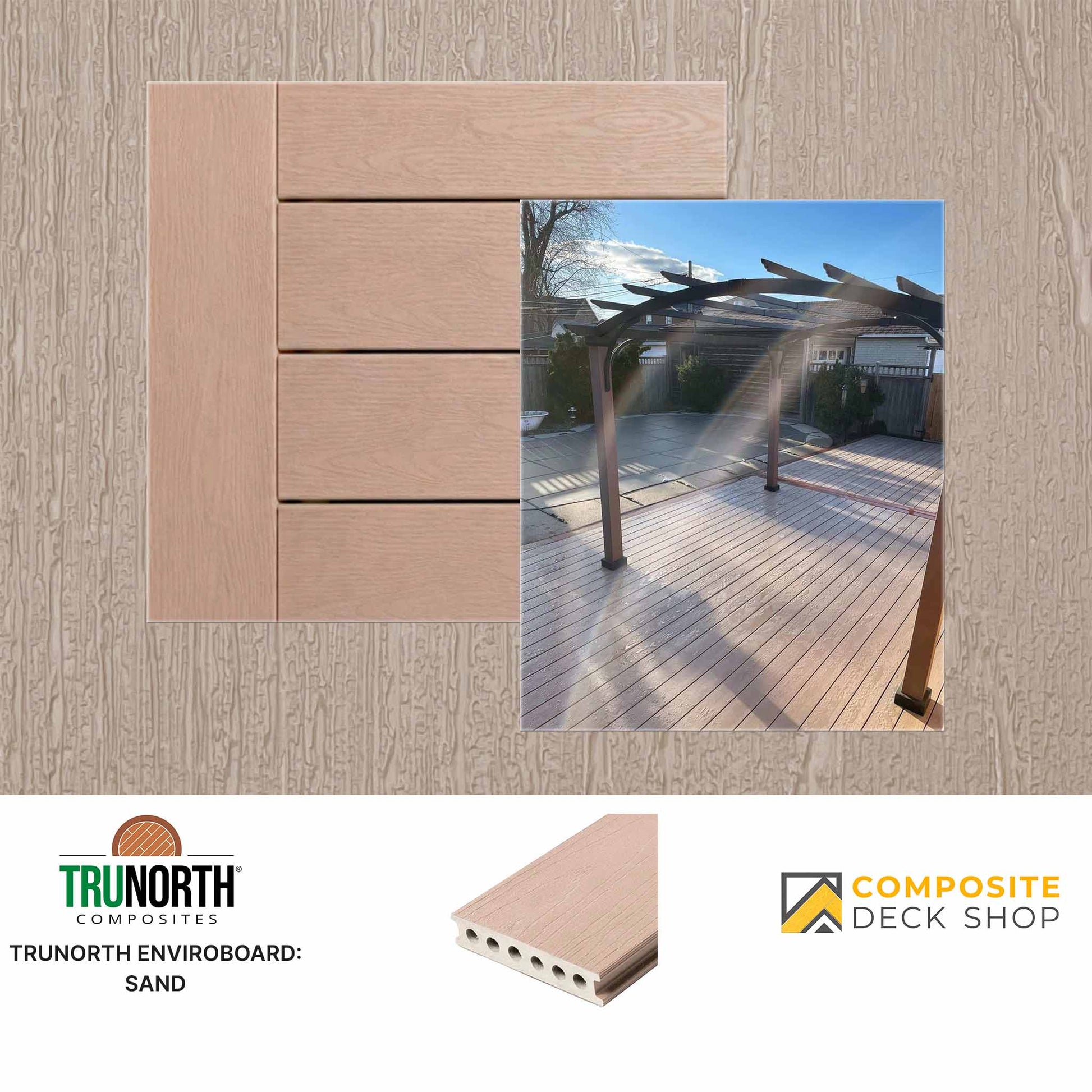 Composite deck board with a pergola and deck background, featuring TruNorth Composites branding.